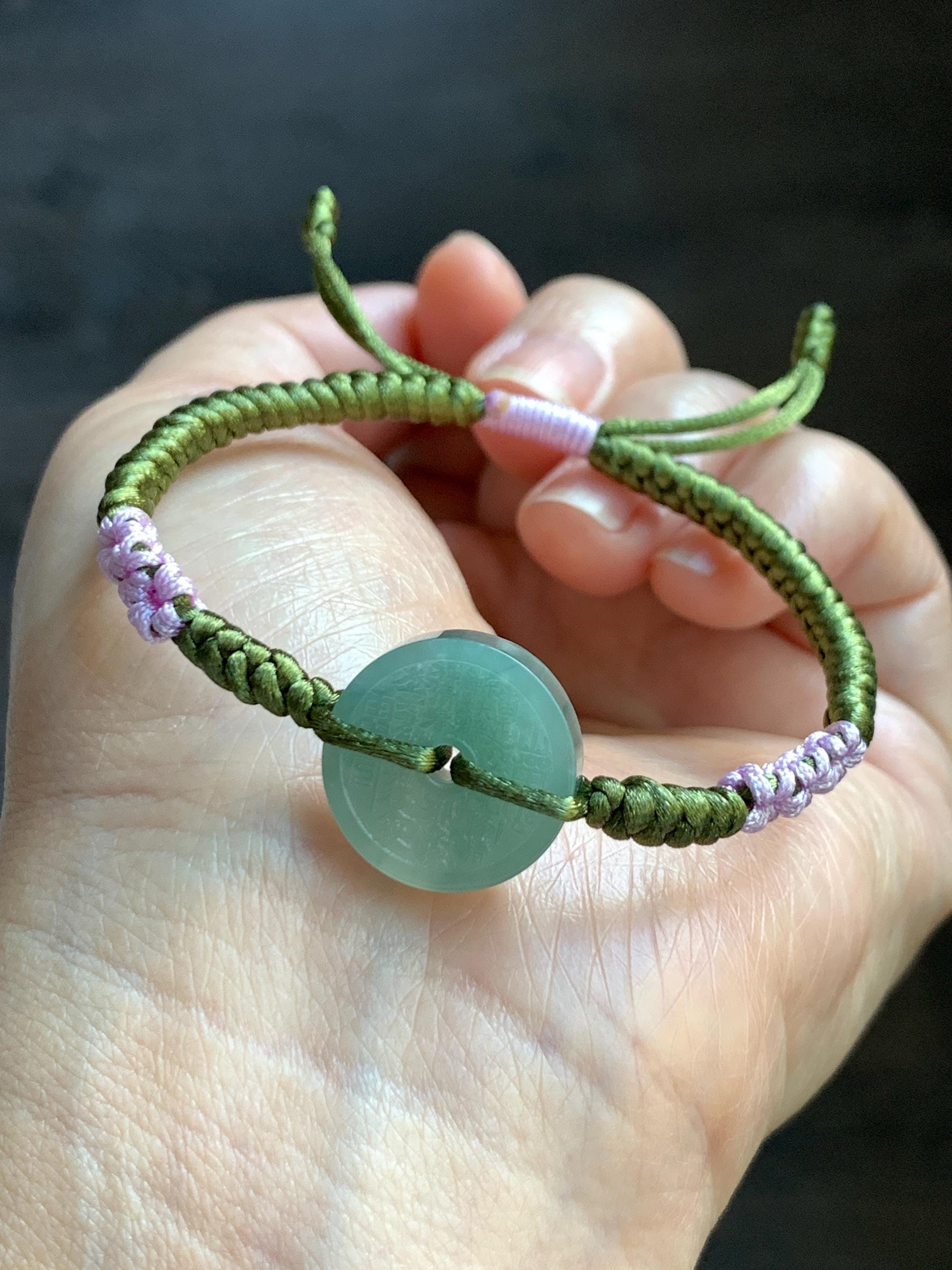 Natural Grade A Guatemalan Icy Translucent Light Teal Green Jadeite Mountain Ghost Eight Trigrams Coin Rope Bracelet 天然冰危浅蓝绿翡翠山鬼护身符手绳 SGS105