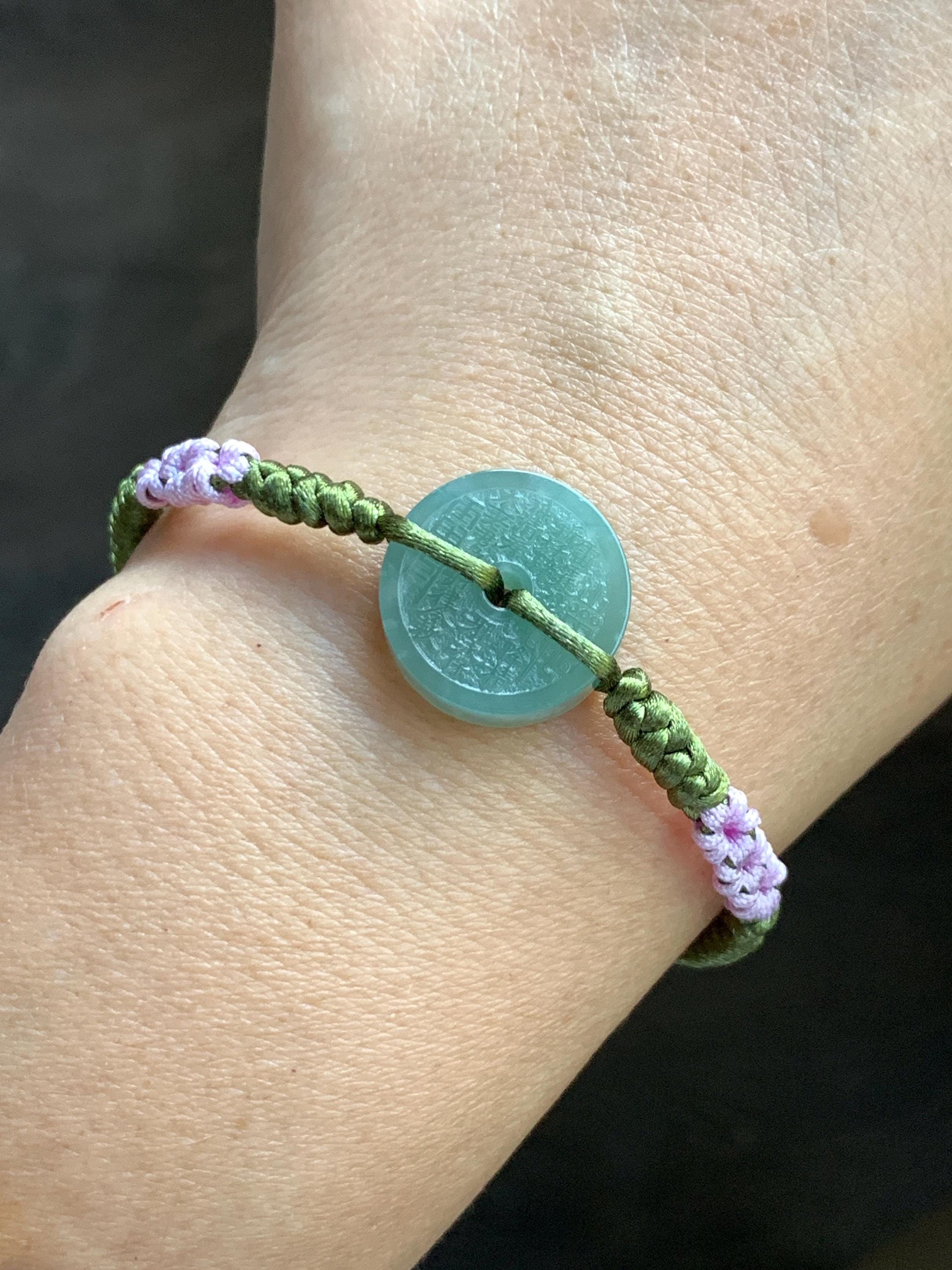 Natural Grade A Guatemalan Icy Translucent Light Teal Green Jadeite Mountain Ghost Eight Trigrams Coin Rope Bracelet 天然冰危浅蓝绿翡翠山鬼护身符手绳 SGS105