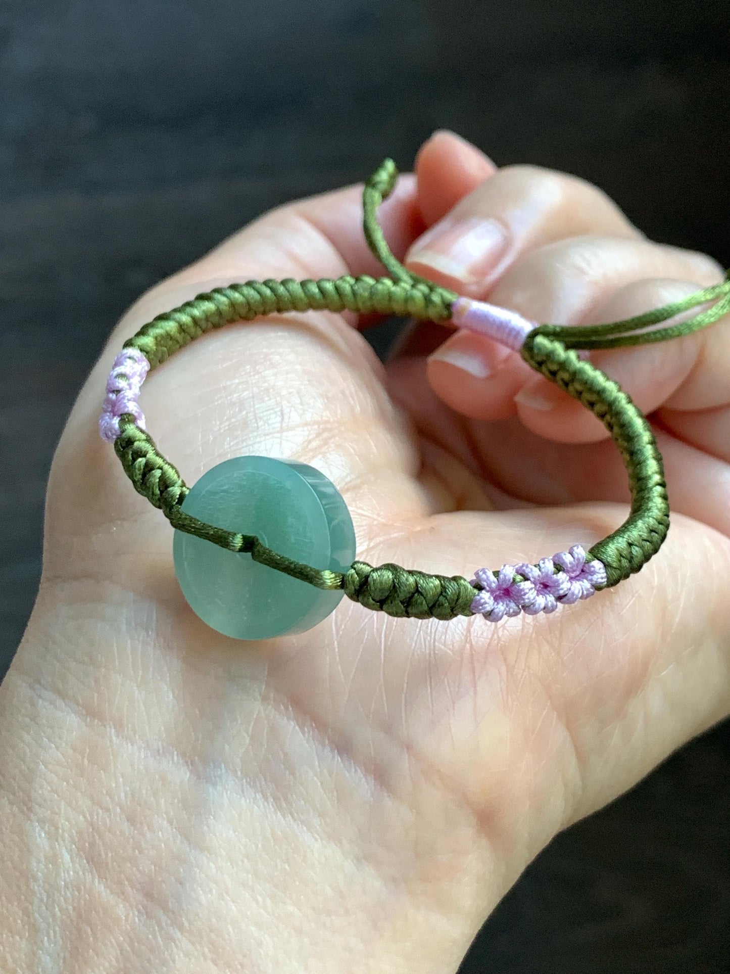 Natural Grade A Guatemalan Icy Translucent Light Teal Green Jadeite Mountain Ghost Eight Trigrams Coin Rope Bracelet 天然冰危浅蓝绿翡翠山鬼护身符手绳 SGS105