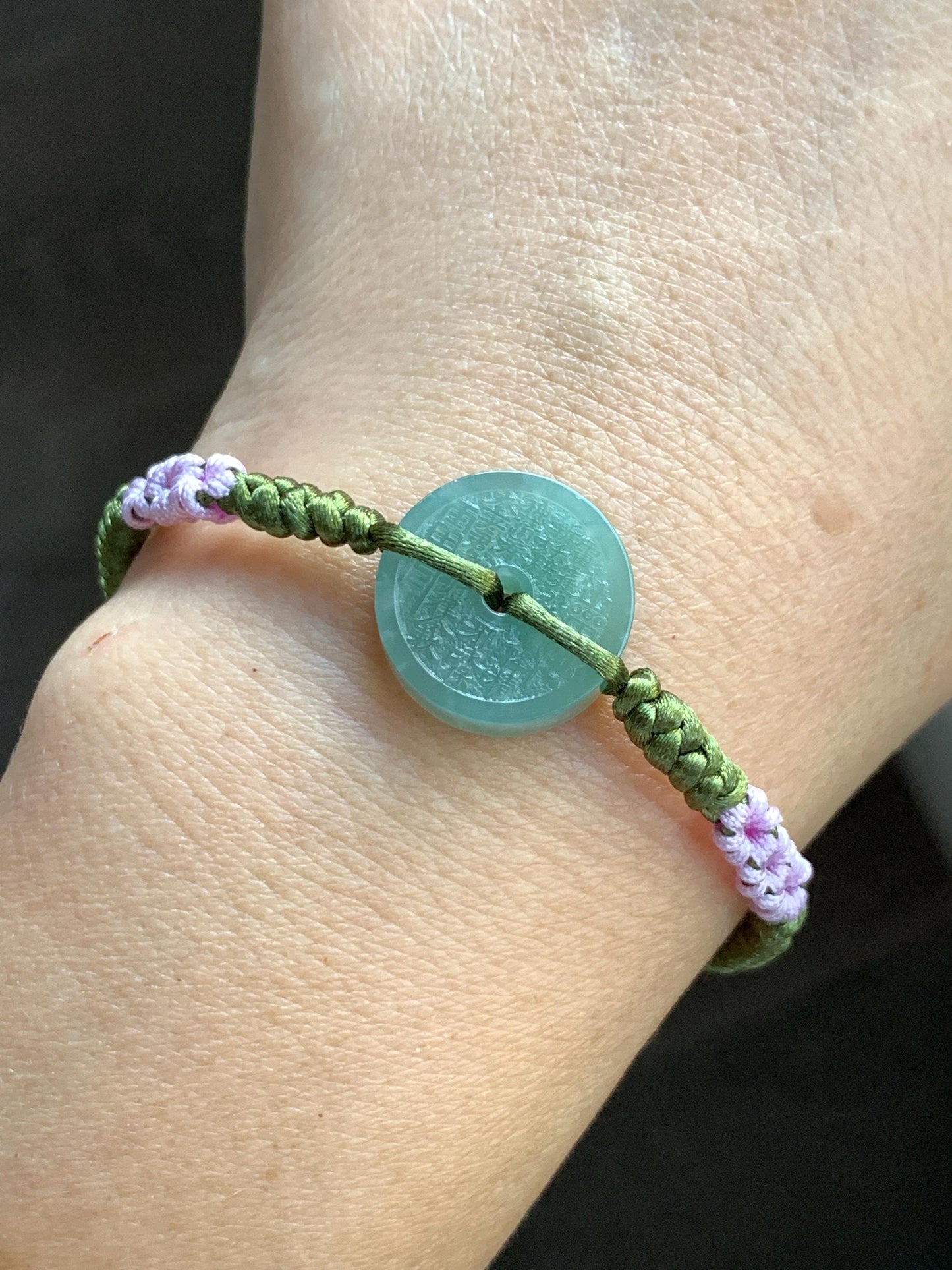 Natural Grade A Guatemalan Icy Translucent Light Teal Green Jadeite Mountain Ghost Eight Trigrams Coin Rope Bracelet 天然冰危浅蓝绿翡翠山鬼护身符手绳 SGS105