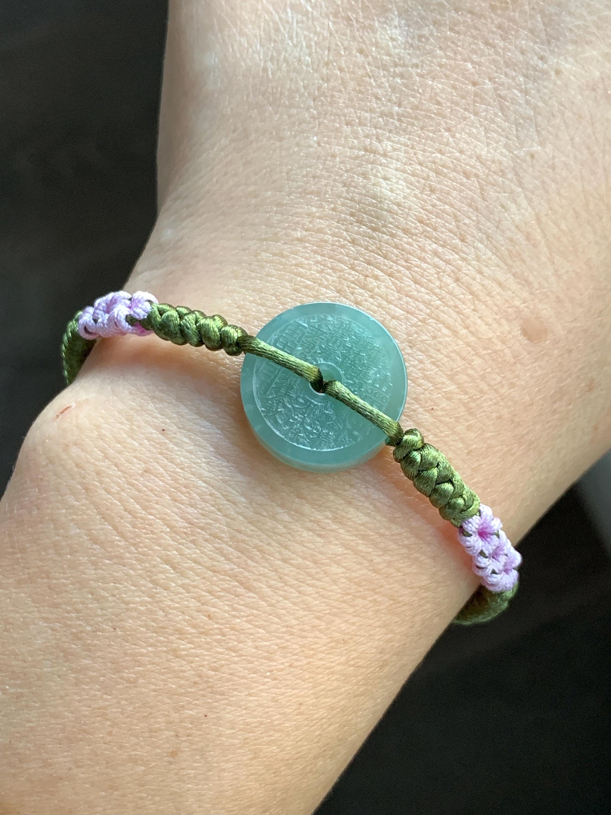 Natural Grade A Guatemalan Icy Translucent Light Teal Green Jadeite Mountain Ghost Eight Trigrams Coin Rope Bracelet 天然冰危浅蓝绿翡翠山鬼护身符手绳 SGS105