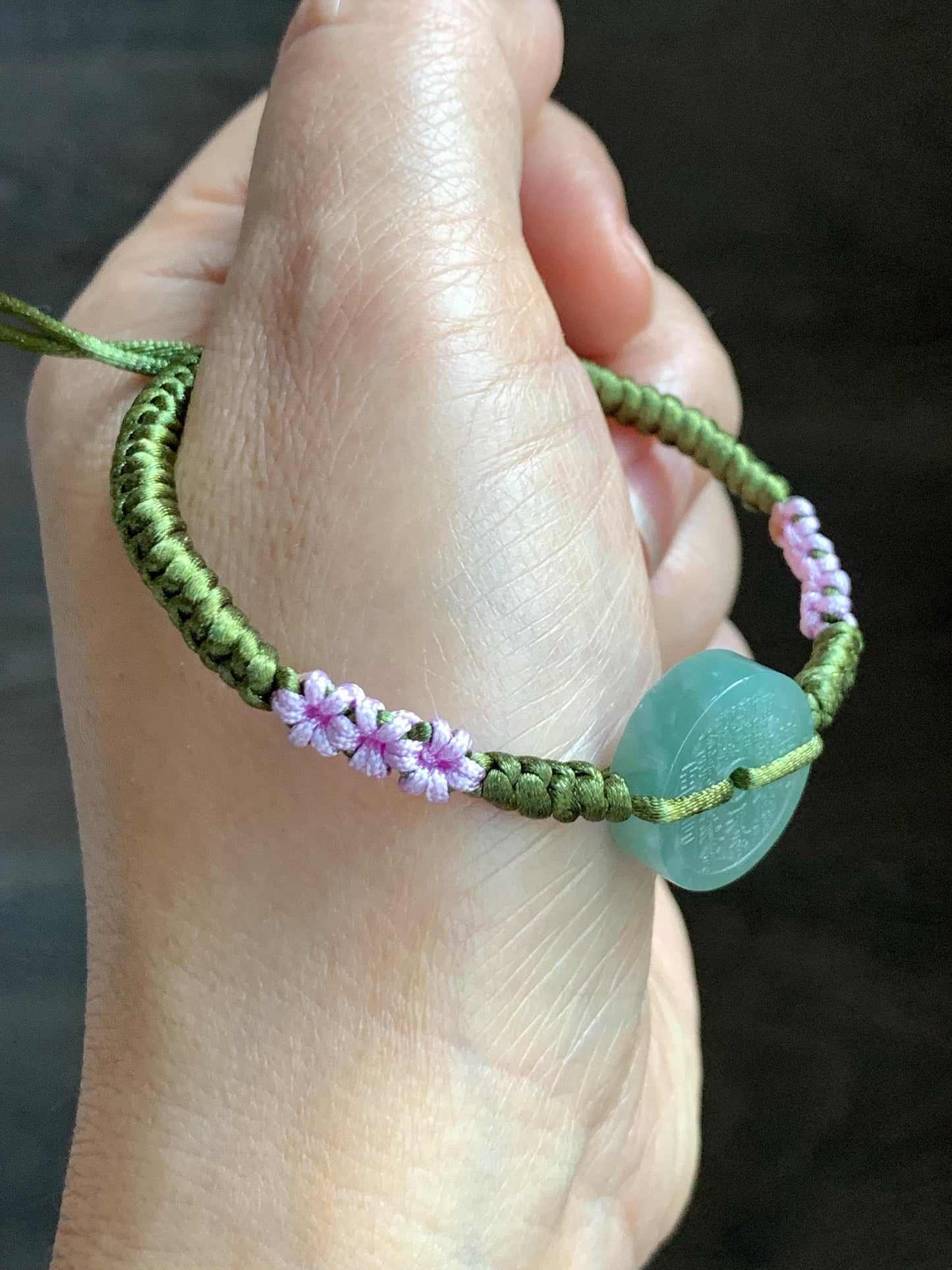 Natural Grade A Guatemalan Icy Translucent Light Teal Green Jadeite Mountain Ghost Eight Trigrams Coin Rope Bracelet 天然冰危浅蓝绿翡翠山鬼护身符手绳 SGS105