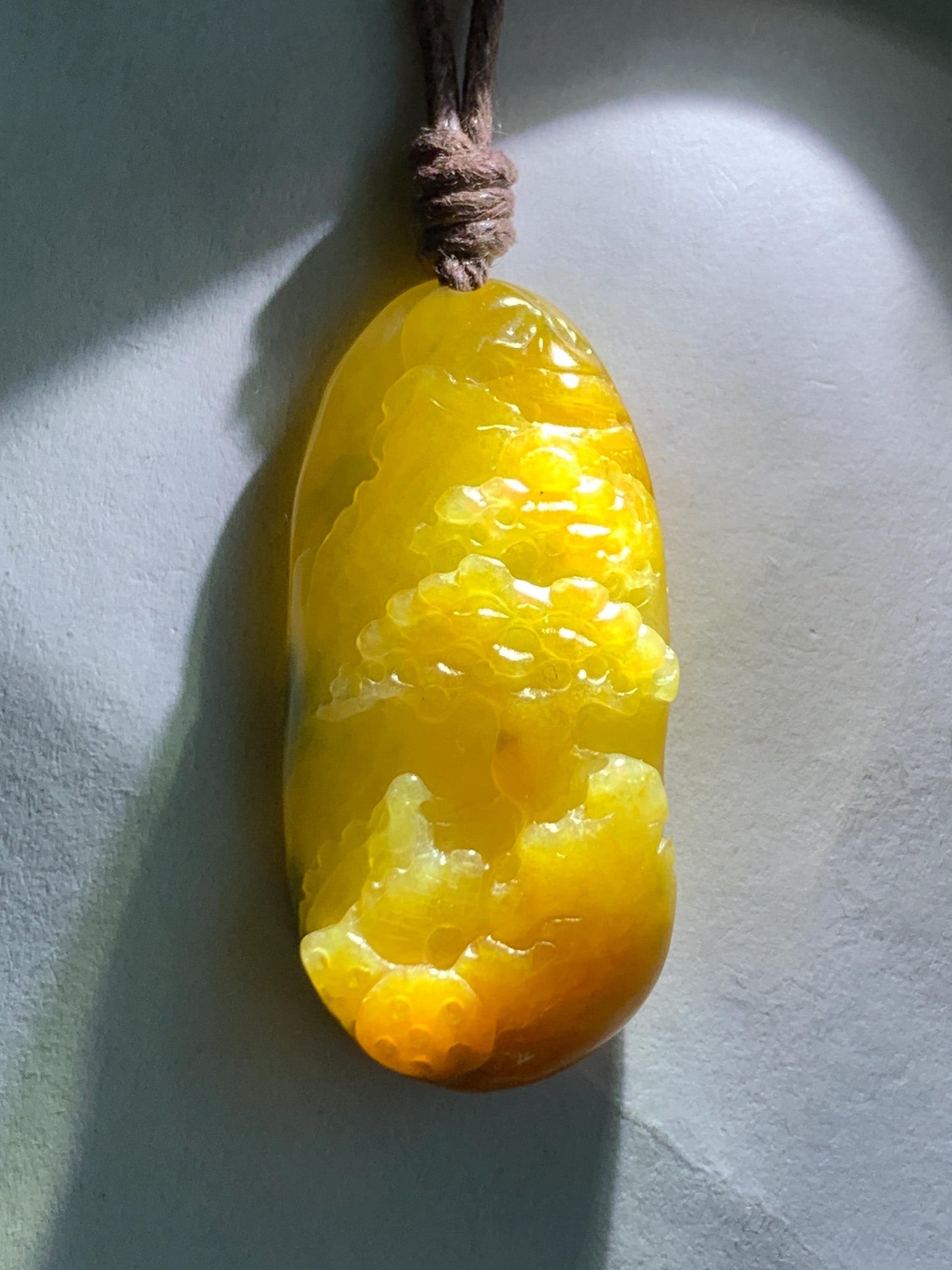 Natural Grade A Icy Translucent Bicolored Yellow & Green Jade Jadeite Shan Shui Nature Pendant Rope Necklace 25" 8g 天然冰黄飘绿花翡翠山水牌吊坠 SCH248