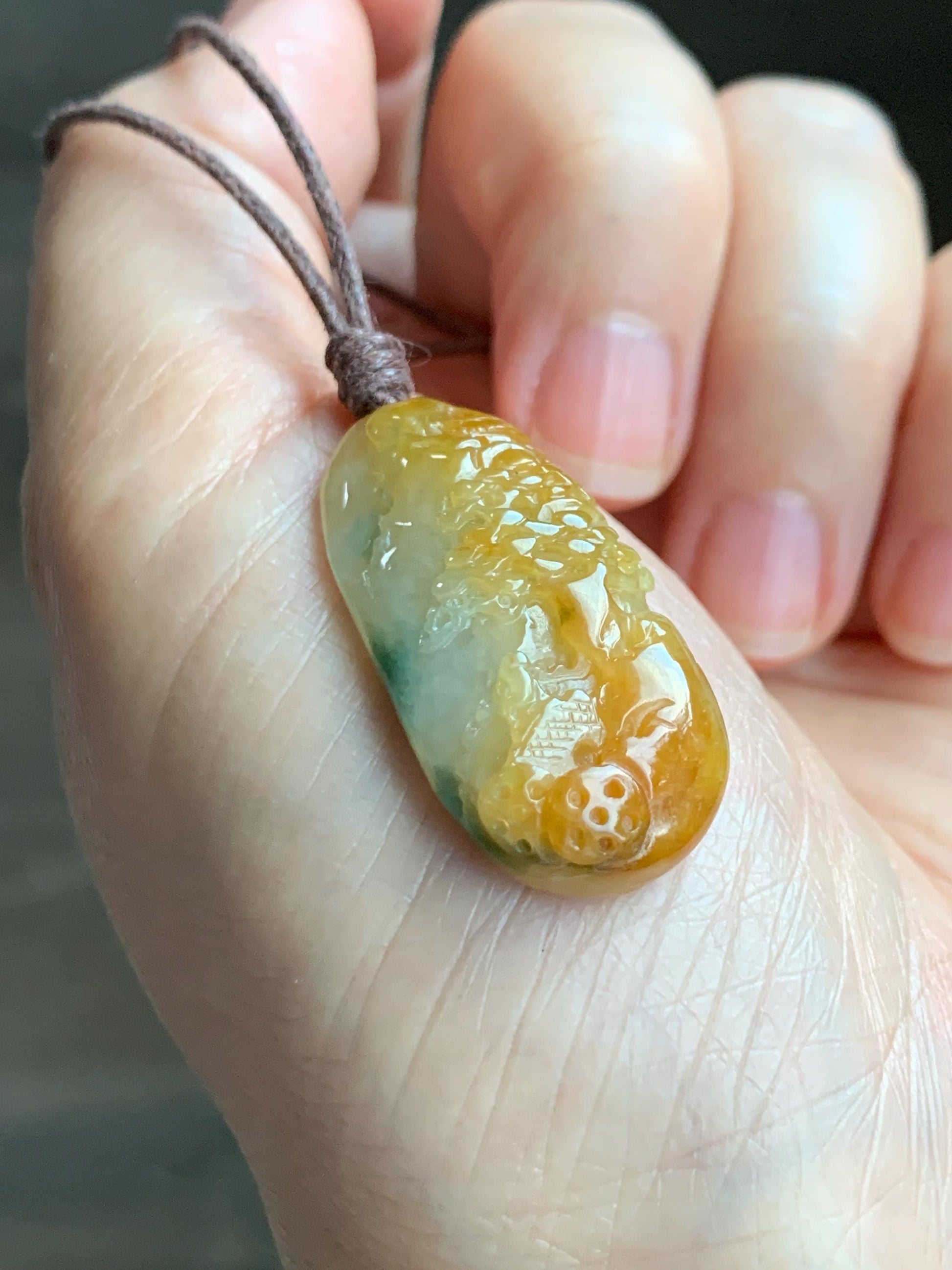 Natural Grade A Icy Translucent Bicolored Yellow & Green Jade Jadeite Shan Shui Nature Pendant Rope Necklace 25" 8g 天然冰黄飘绿花翡翠山水牌吊坠 SCH248