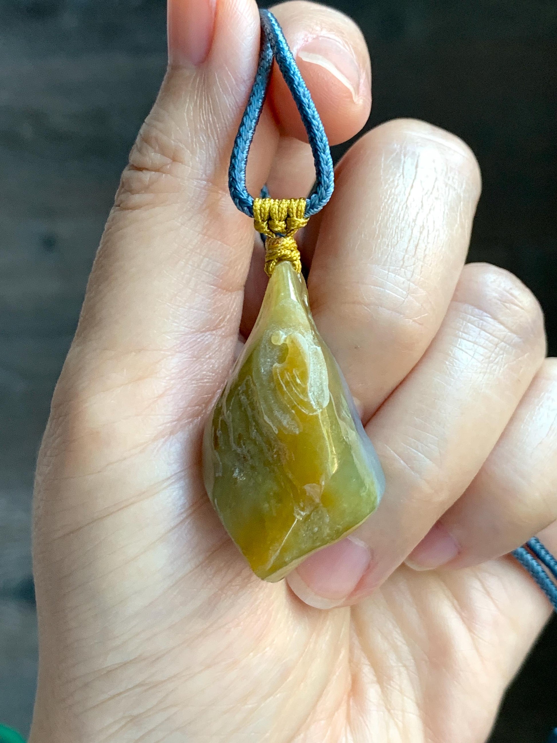 Natural Grade A Icy Translucent Bicolored Yellow & Purplish Blue Jade Jadeite Wu Dao Pendant Rope Necklace 24.5” 18g 天然冰黄蓝紫翡翠随形悟道吊坠 SCW220