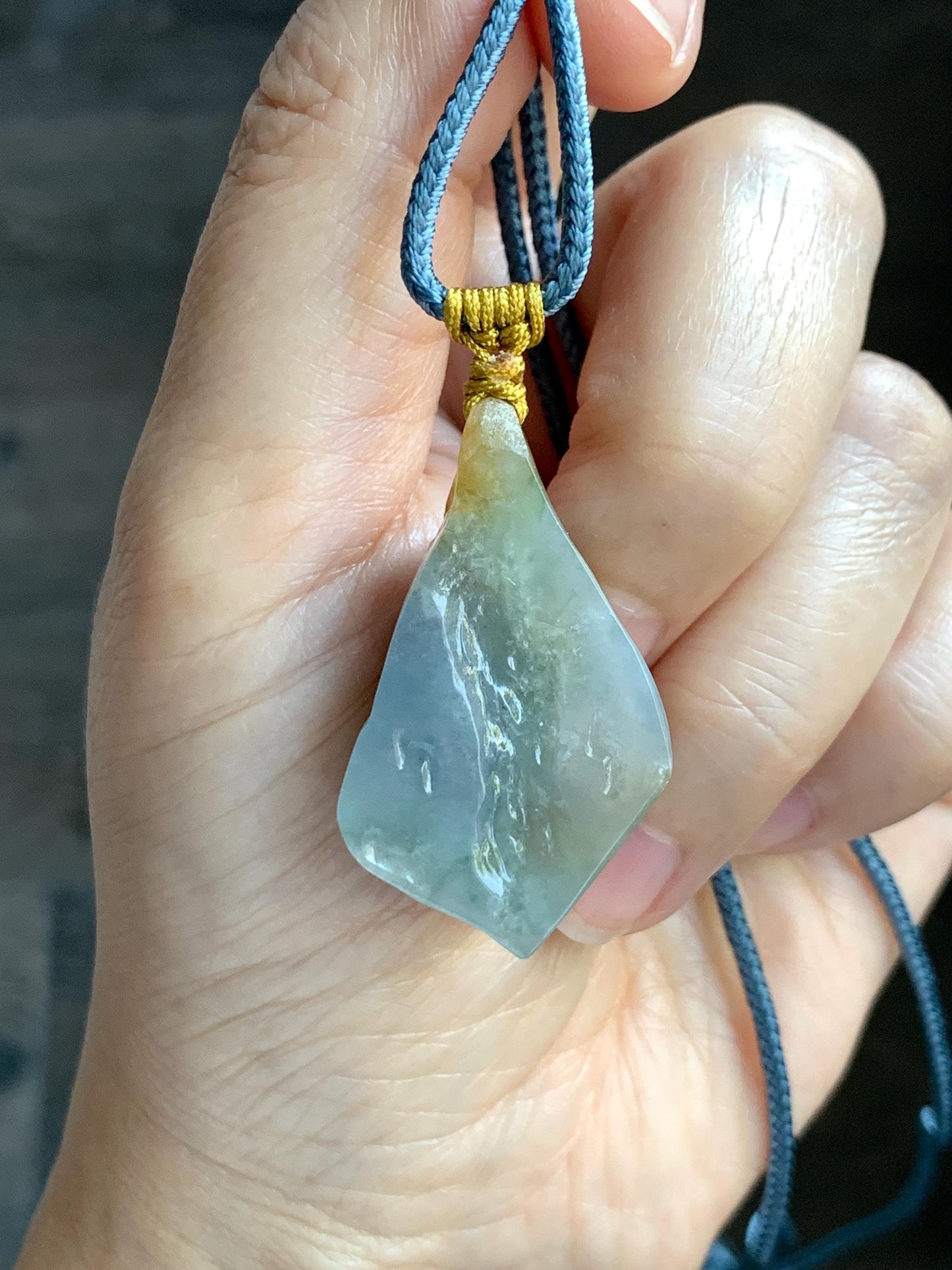 Natural Grade A Icy Translucent Bicolored Yellow & Purplish Blue Jade Jadeite Wu Dao Pendant Rope Necklace 24.5” 18g 天然冰黄蓝紫翡翠随形悟道吊坠 SCW220