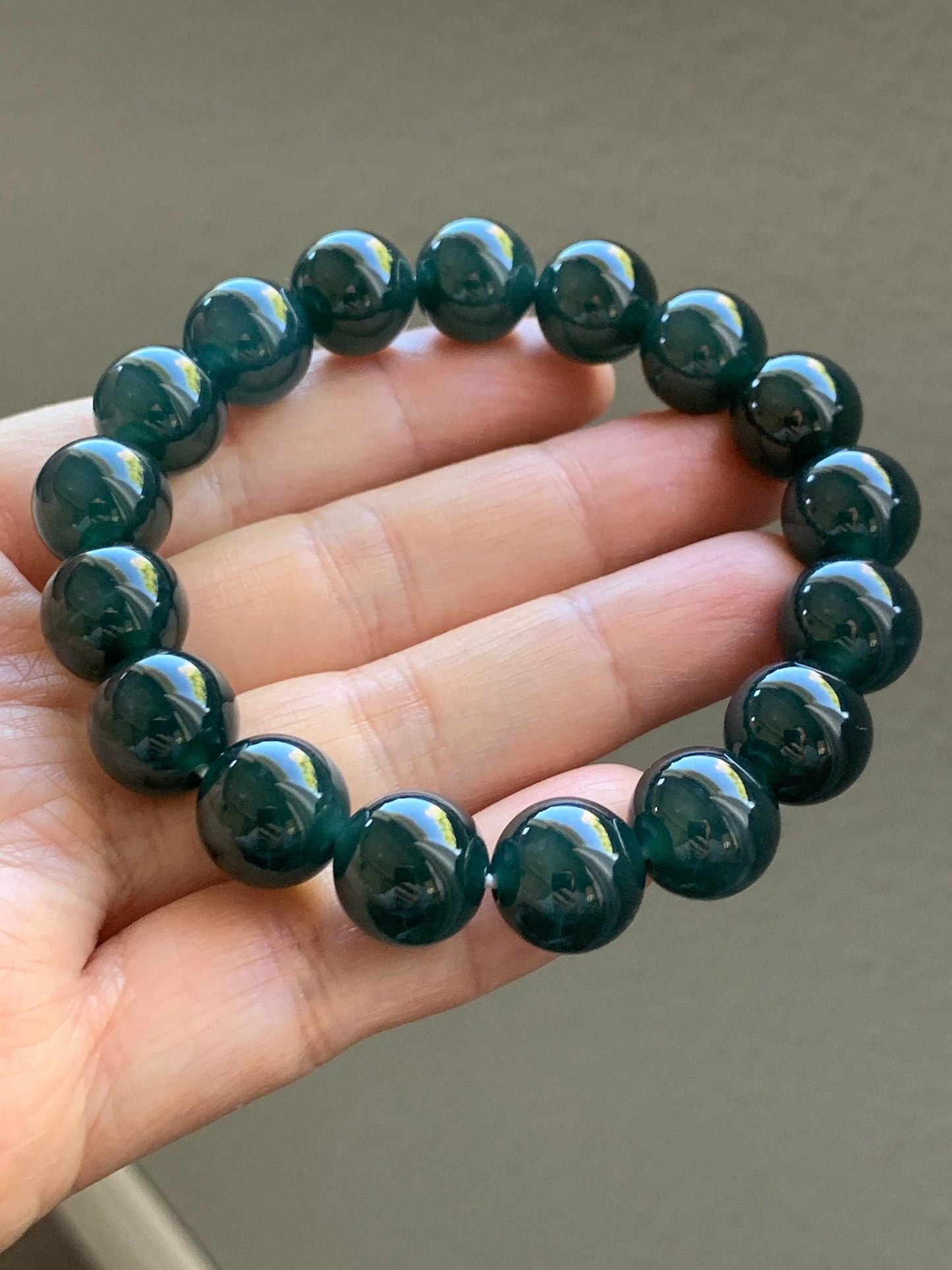 Certified Natural Grade A Guatemalan Icy Translucent Gelatinous Dark Teal Jade Jadeite Beaded Bracelet 11.8mm 7.25” 47.62g 天然老种冰危深蓝翡翠大卡手串733