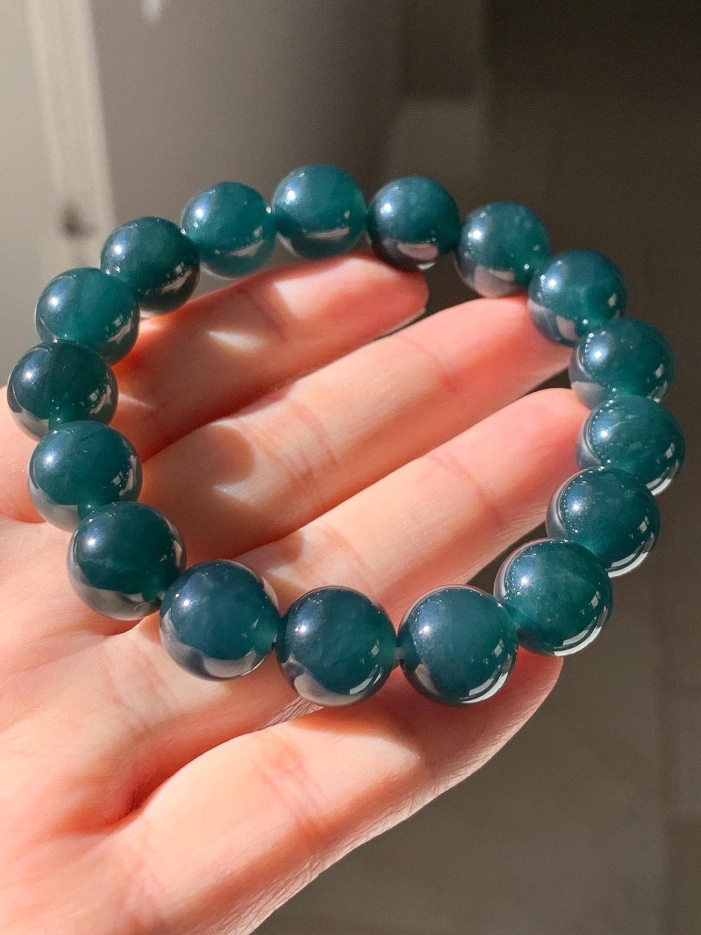 Certified Natural Grade A Guatemalan Icy Translucent Gelatinous Dark Teal Jade Jadeite Beaded Bracelet 11.8mm 7.25” 47.62g 天然老种冰危深蓝翡翠大卡手串733