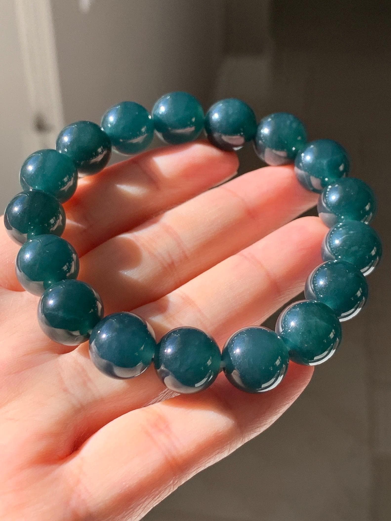 Certified Natural Grade A Guatemalan Icy Translucent Gelatinous Dark Teal Jade Jadeite Beaded Bracelet 11.8mm 7.25” 47.62g 天然老种冰危深蓝翡翠大卡手串733