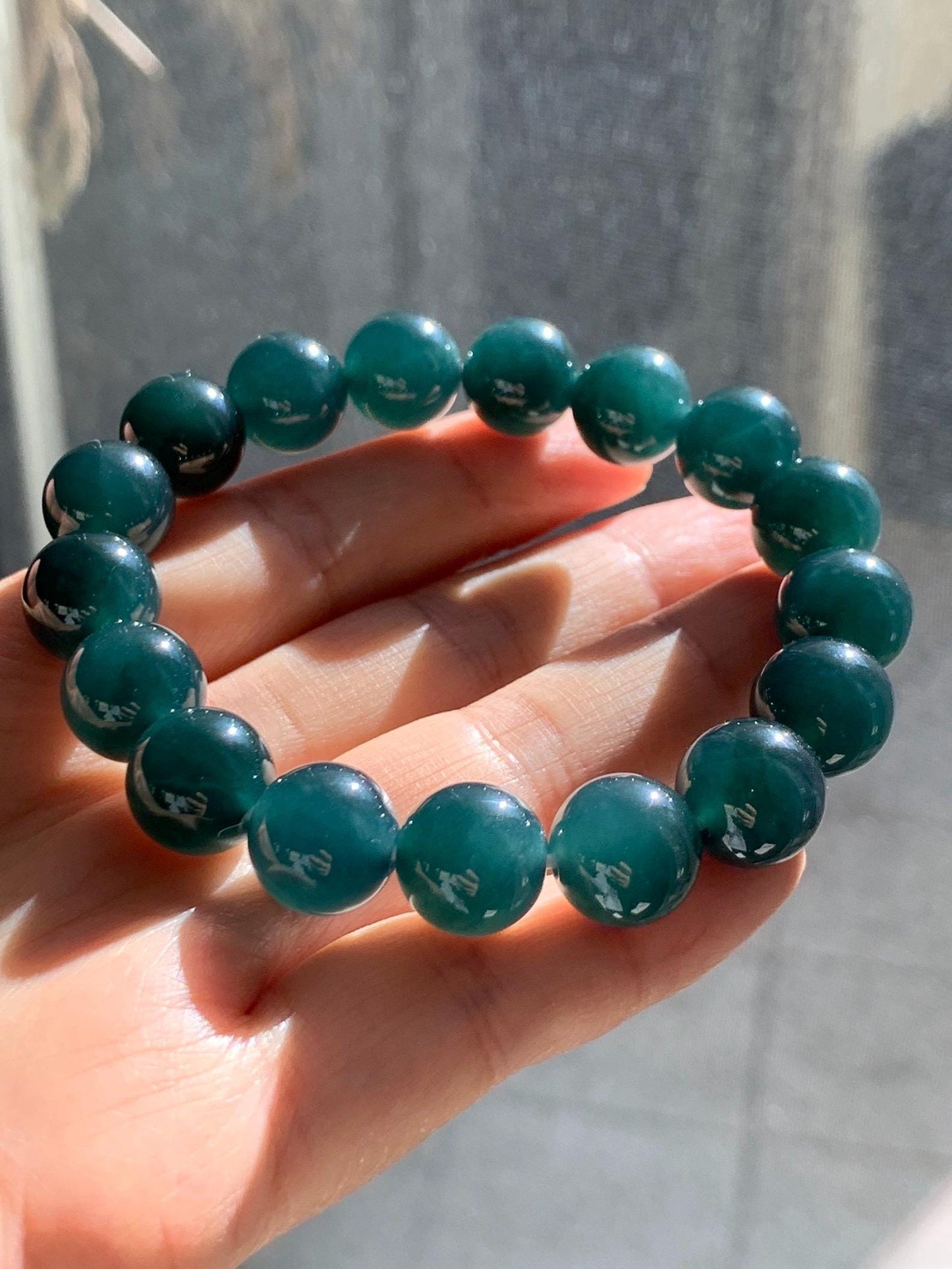 Certified Natural Grade A Guatemalan Icy Translucent Gelatinous Dark Teal Jade Jadeite Beaded Bracelet 11.8mm 7.25” 47.62g 天然老种冰危深蓝翡翠大卡手串733