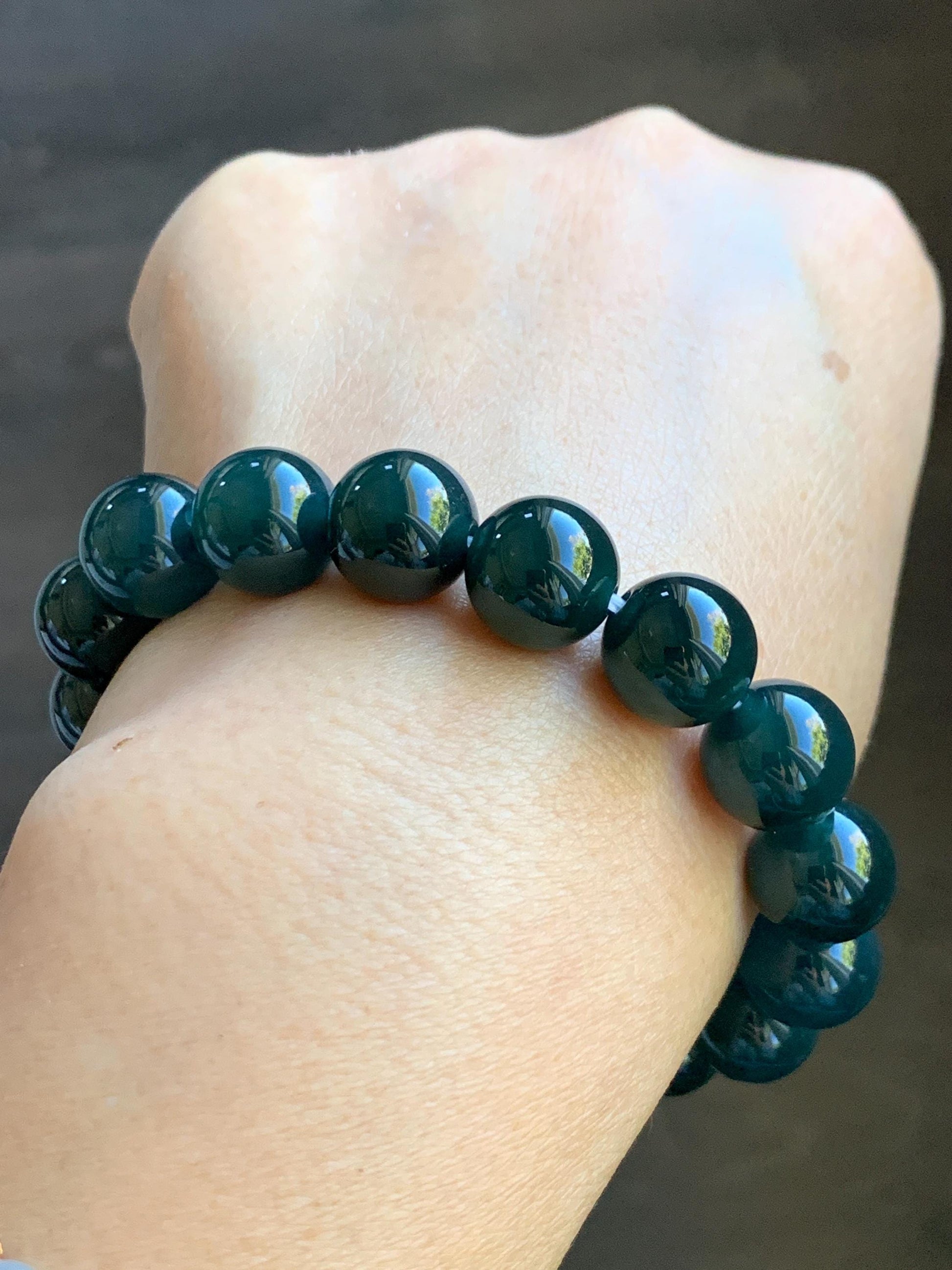 Certified Natural Grade A Guatemalan Icy Translucent Gelatinous Dark Teal Jade Jadeite Beaded Bracelet 11.8mm 7.25” 47.62g 天然老种冰危深蓝翡翠大卡手串733