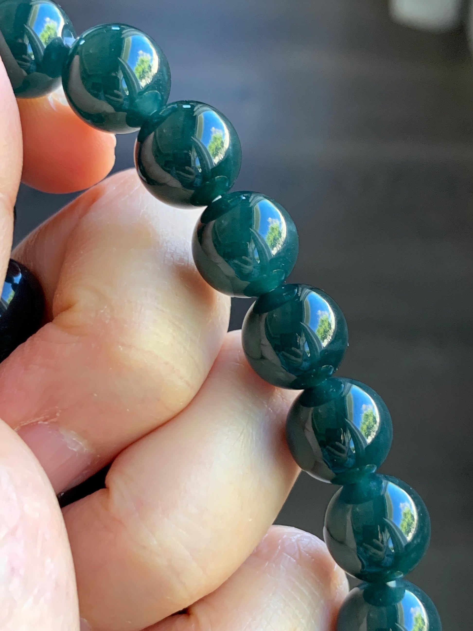 Certified Natural Grade A Guatemalan Icy Translucent Gelatinous Dark Teal Jade Jadeite Beaded Bracelet 11.8mm 7.25” 47.62g 天然老种冰危深蓝翡翠大卡手串733
