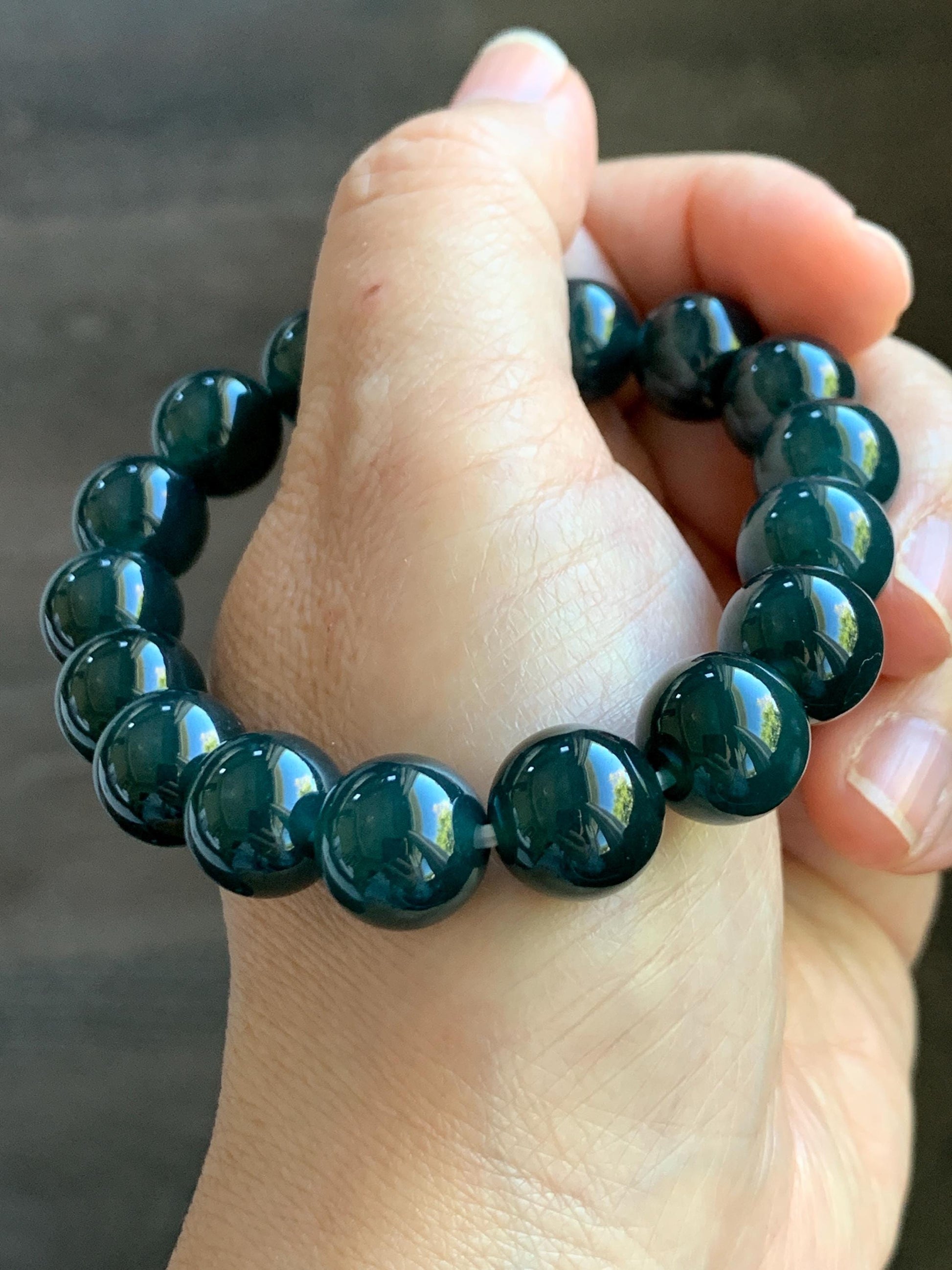 Certified Natural Grade A Guatemalan Icy Translucent Gelatinous Dark Teal Jade Jadeite Beaded Bracelet 11.8mm 7.25” 47.62g 天然老种冰危深蓝翡翠大卡手串733