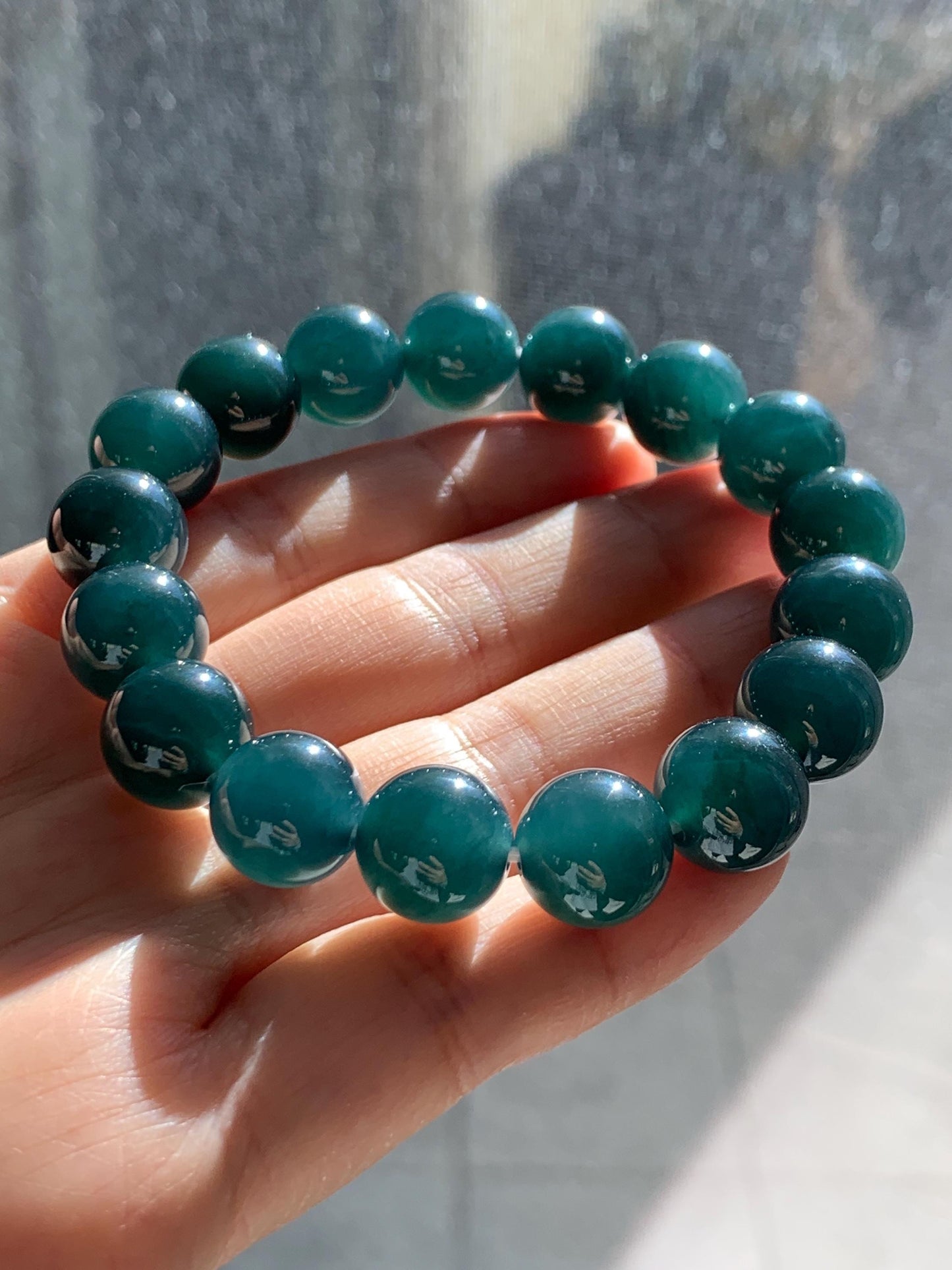 Certified Natural Grade A Guatemalan Icy Translucent Gelatinous Dark Teal Jade Jadeite Beaded Bracelet 11.8mm 7.25” 47.62g 天然老种冰危深蓝翡翠大卡手串733