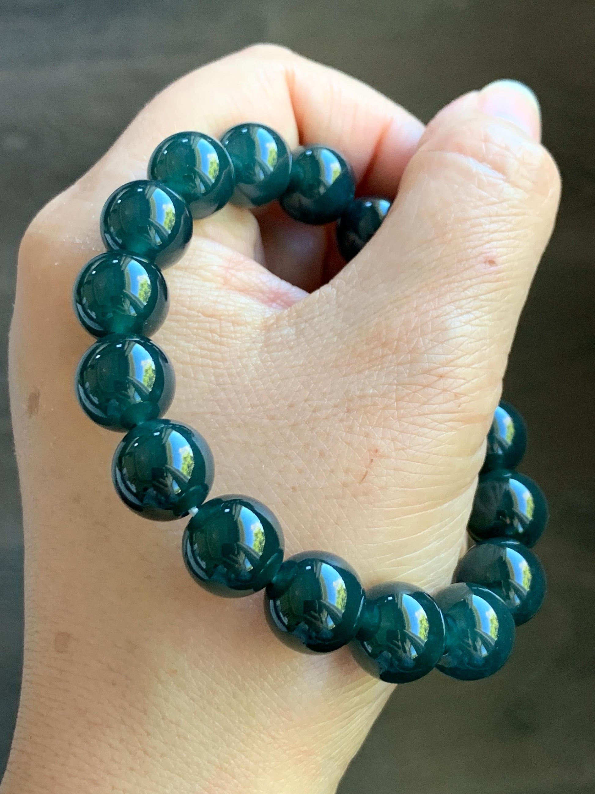Certified Natural Grade A Guatemalan Icy Translucent Gelatinous Dark Teal Jade Jadeite Beaded Bracelet 11.8mm 7.25” 47.62g 天然老种冰危深蓝翡翠大卡手串733