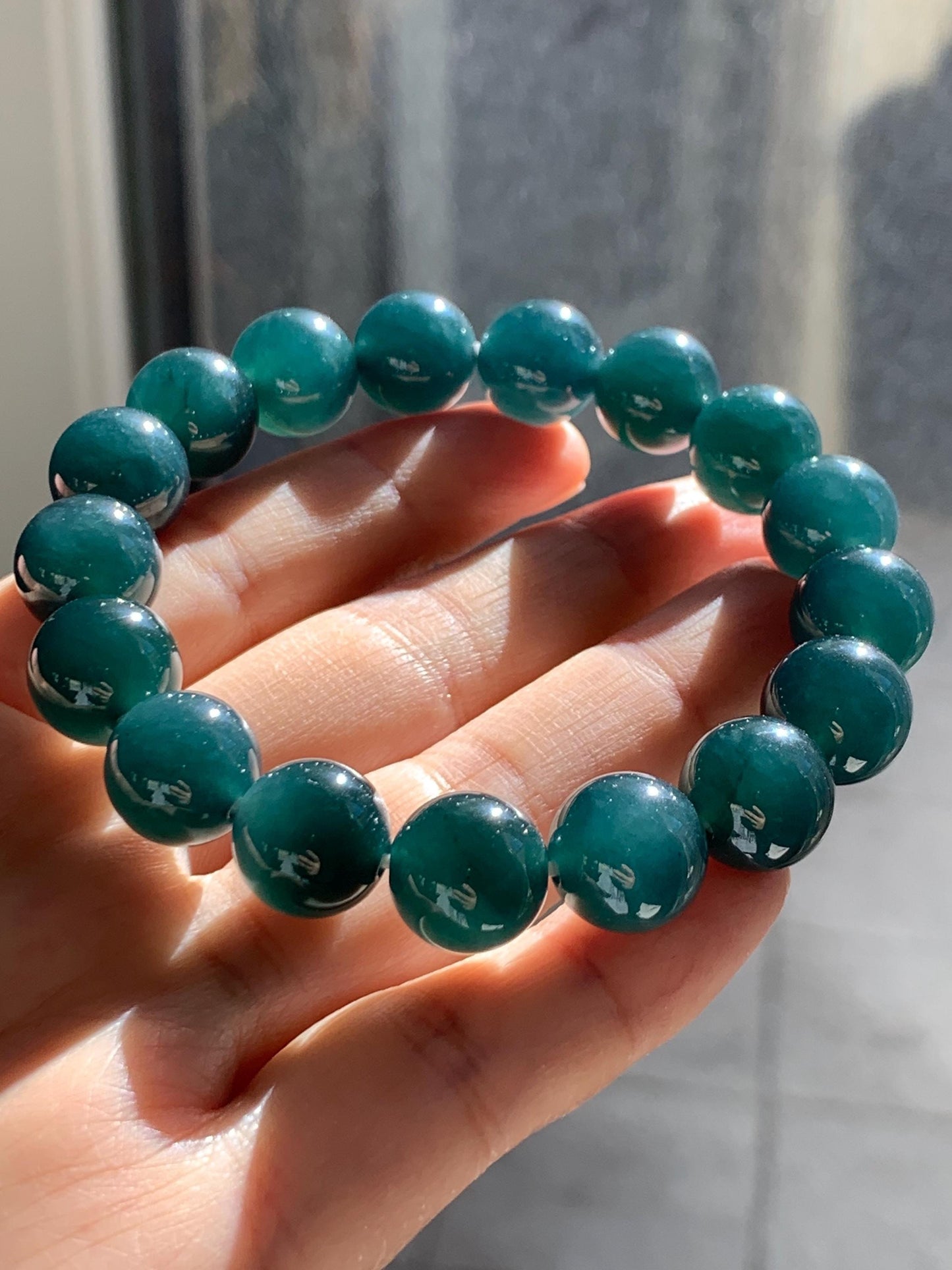 Certified Natural Grade A Guatemalan Icy Translucent Gelatinous Dark Teal Jade Jadeite Beaded Bracelet 11.8mm 7.25” 47.71 天然老种冰危深蓝翡翠大卡手串732