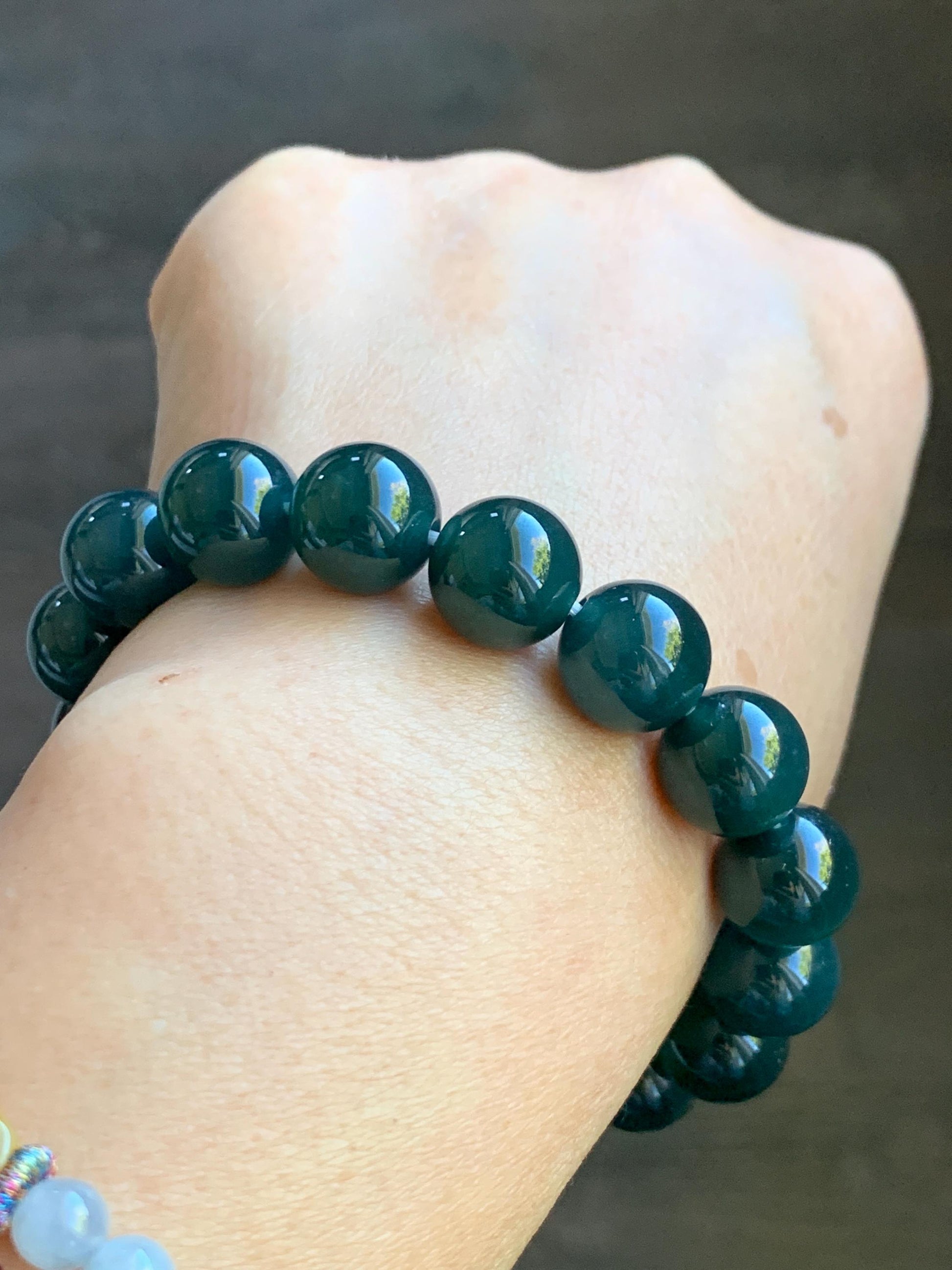 Certified Natural Grade A Guatemalan Icy Translucent Gelatinous Dark Teal Jade Jadeite Beaded Bracelet 11.8mm 7.25” 47.71 天然老种冰危深蓝翡翠大卡手串732