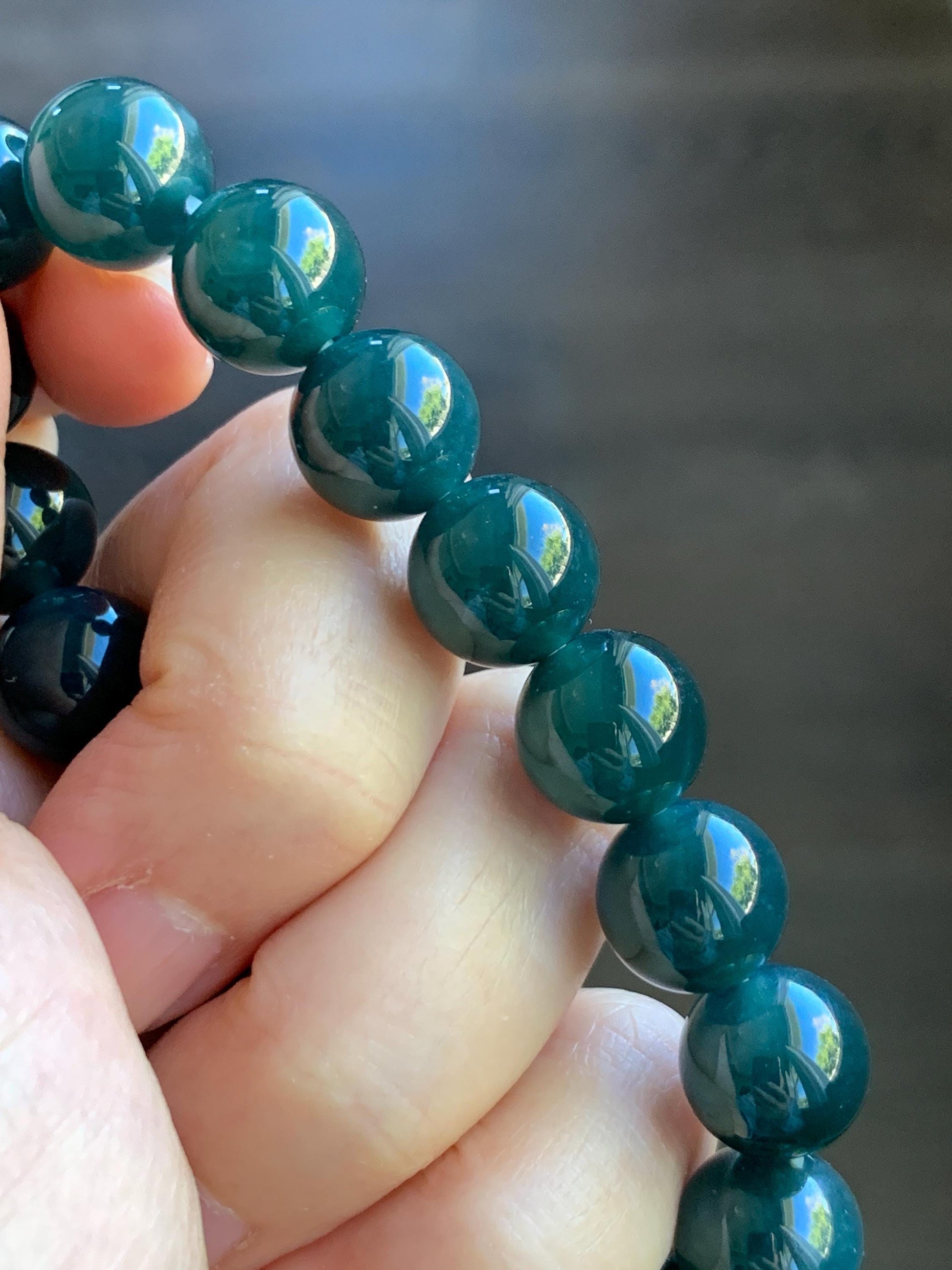 Certified Natural Grade A Guatemalan Icy Translucent Gelatinous Dark Teal Jade Jadeite Beaded Bracelet 11.8mm 7.25” 47.71 天然老种冰危深蓝翡翠大卡手串732