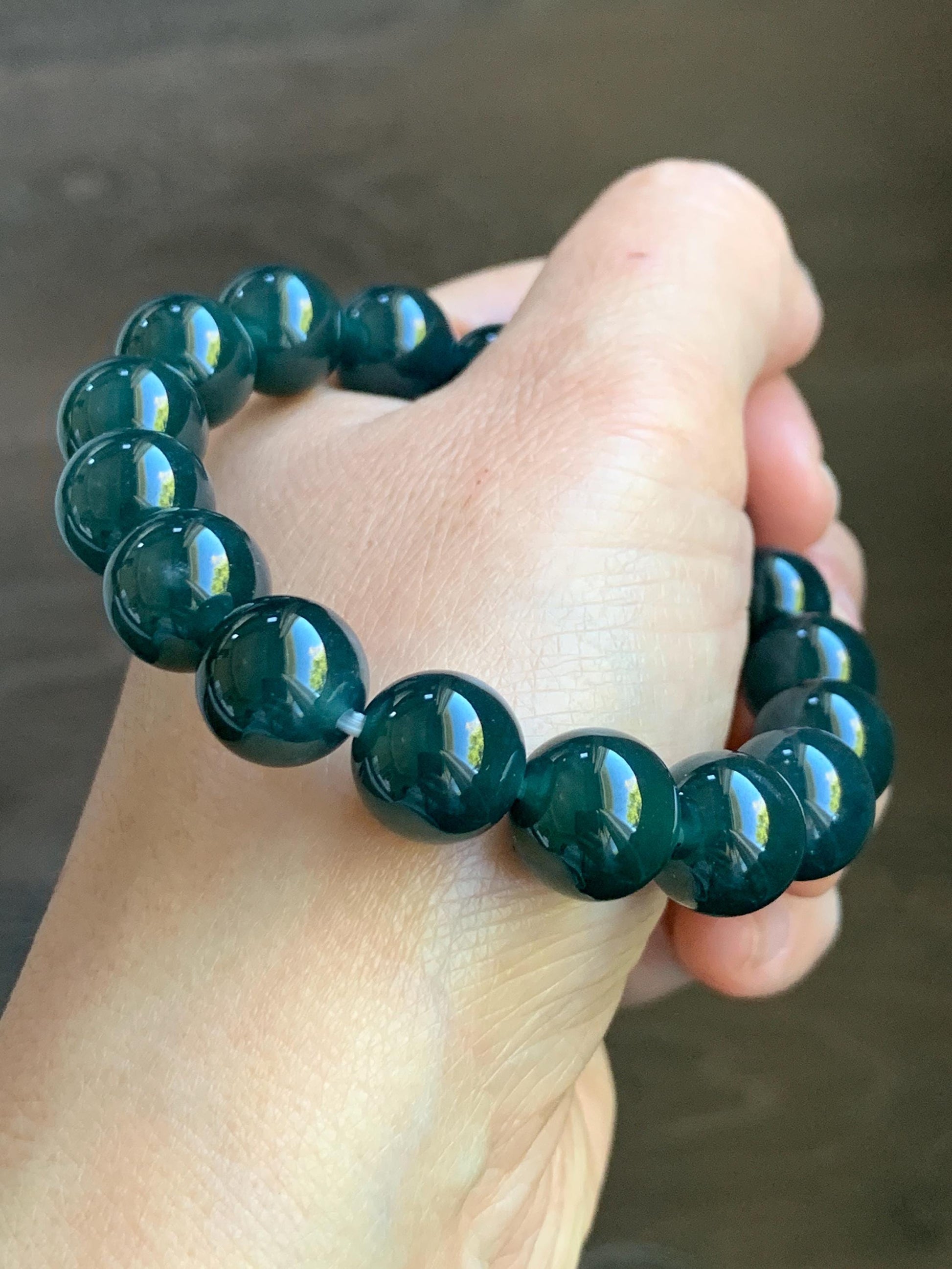 Certified Natural Grade A Guatemalan Icy Translucent Gelatinous Dark Teal Jade Jadeite Beaded Bracelet 11.8mm 7.25” 47.71 天然老种冰危深蓝翡翠大卡手串732