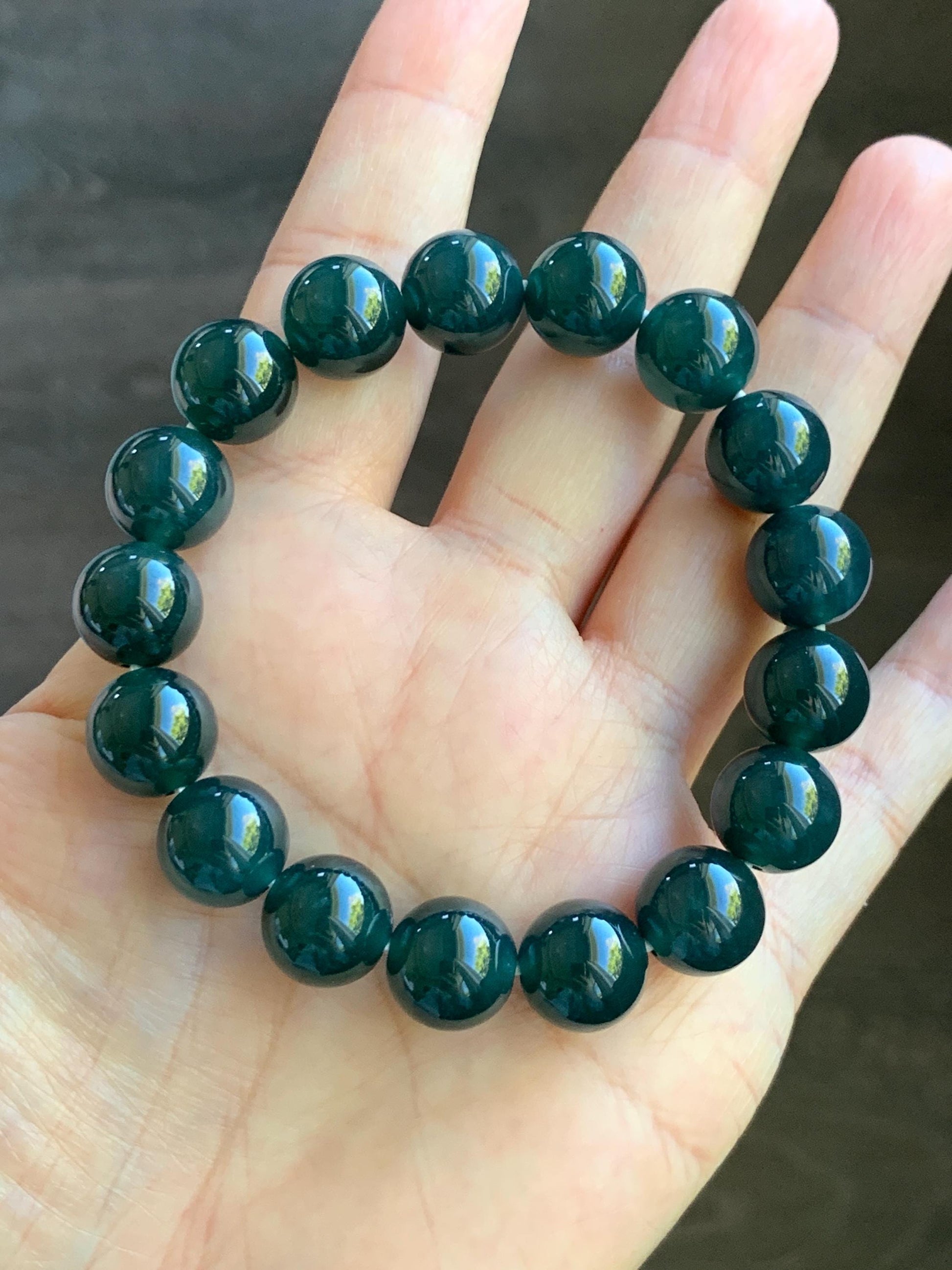 Certified Natural Grade A Guatemalan Icy Translucent Gelatinous Dark Teal Jade Jadeite Beaded Bracelet 11.8mm 7.25” 47.71 天然老种冰危深蓝翡翠大卡手串732