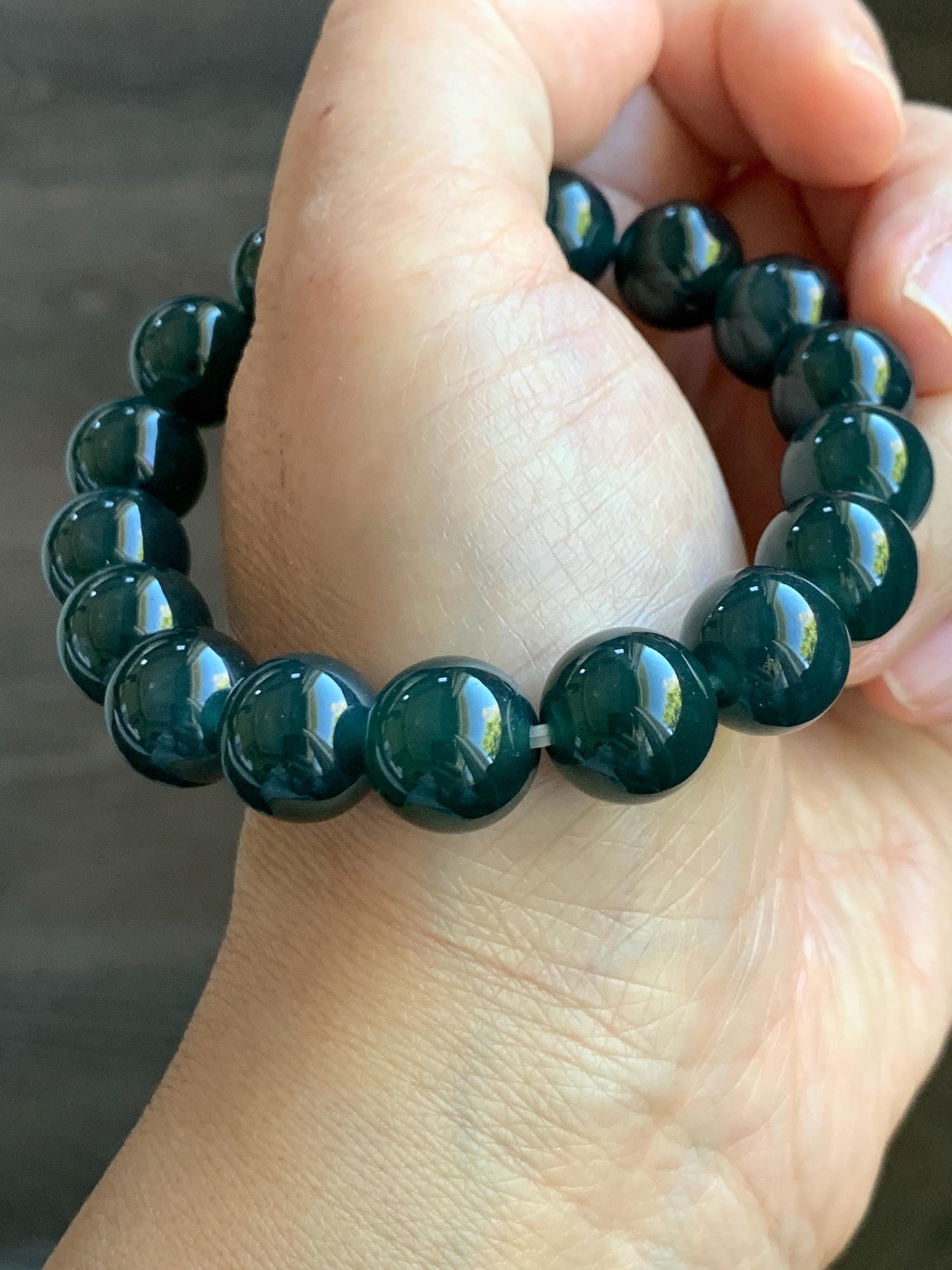 Certified Natural Grade A Guatemalan Icy Translucent Gelatinous Dark Teal Jade Jadeite Beaded Bracelet 11.8mm 7.25” 47.71 天然老种冰危深蓝翡翠大卡手串732