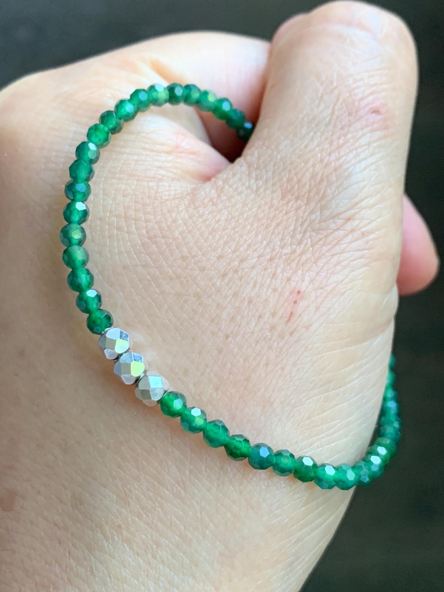 Natural Grade A Guatemalan Icy Translucent Green Jade Jadeite Petite Faceted Beads Beaded Bracelet Sterling Silver 7” 天然冰危绿翡翠小卡切割面珠手串XWQ220A