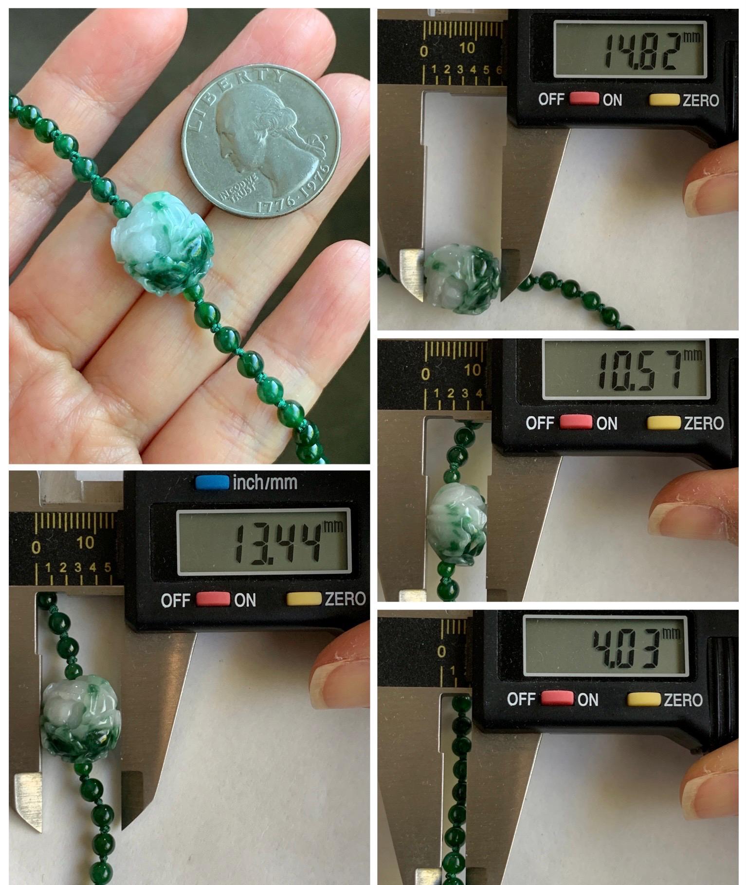 Natural Grade A Guatemalan Icy Vibrant Green Jadeite Petite Beads Peony Flower Charm Beaded Bracelet Sterling Silver 6”-7” 天然冰危绿翡翠小珠手串WLM310