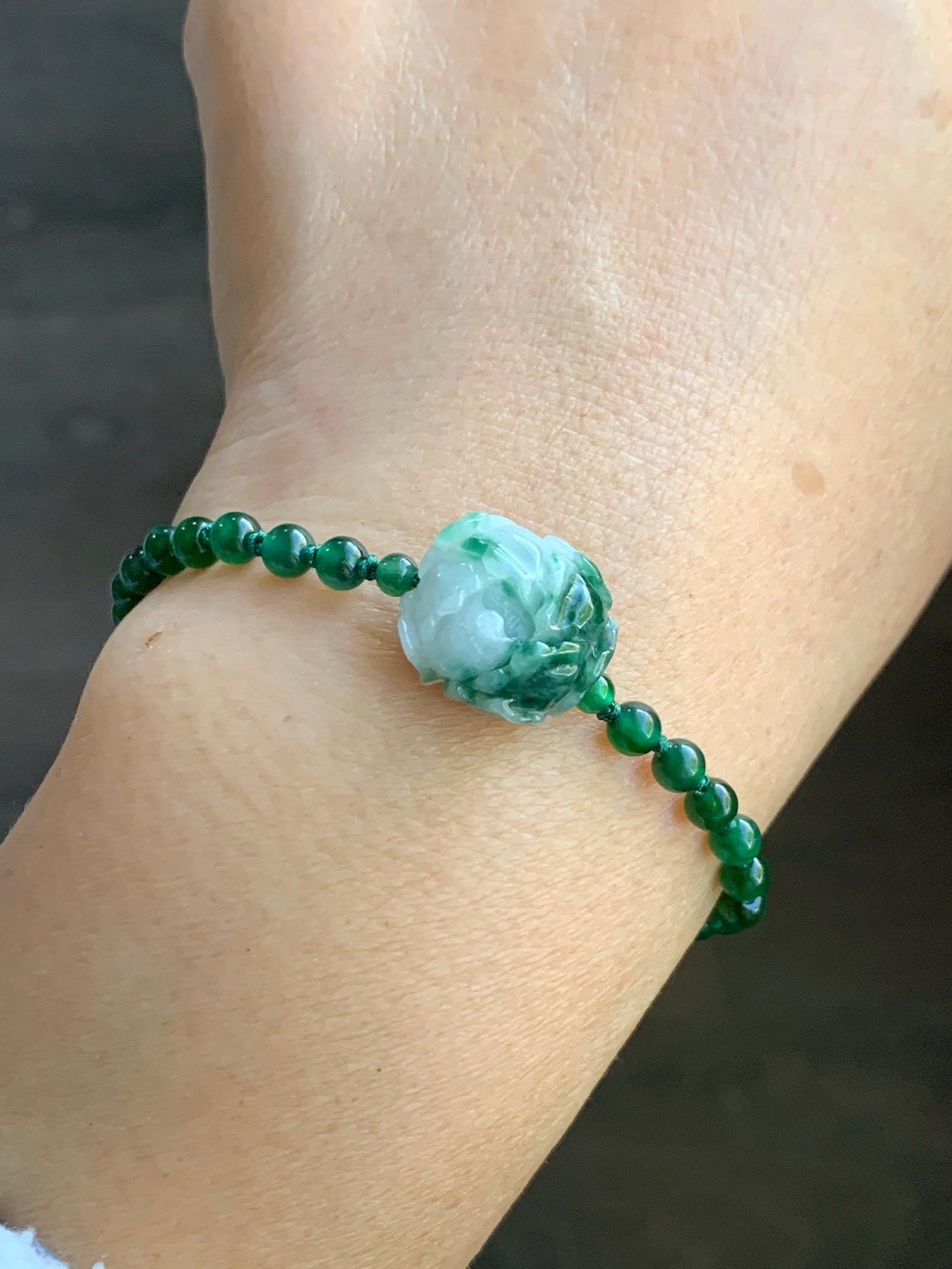 Natural Grade A Guatemalan Icy Vibrant Green Jadeite Petite Beads Peony Flower Charm Beaded Bracelet Sterling Silver 6”-7” 天然冰危绿翡翠小珠手串WLM310