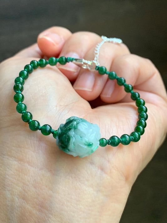 Natural Grade A Guatemalan Icy Vibrant Green Jadeite Petite Beads Peony Flower Charm Beaded Bracelet Sterling Silver 6”-7” 天然冰危绿翡翠小珠手串WLM310