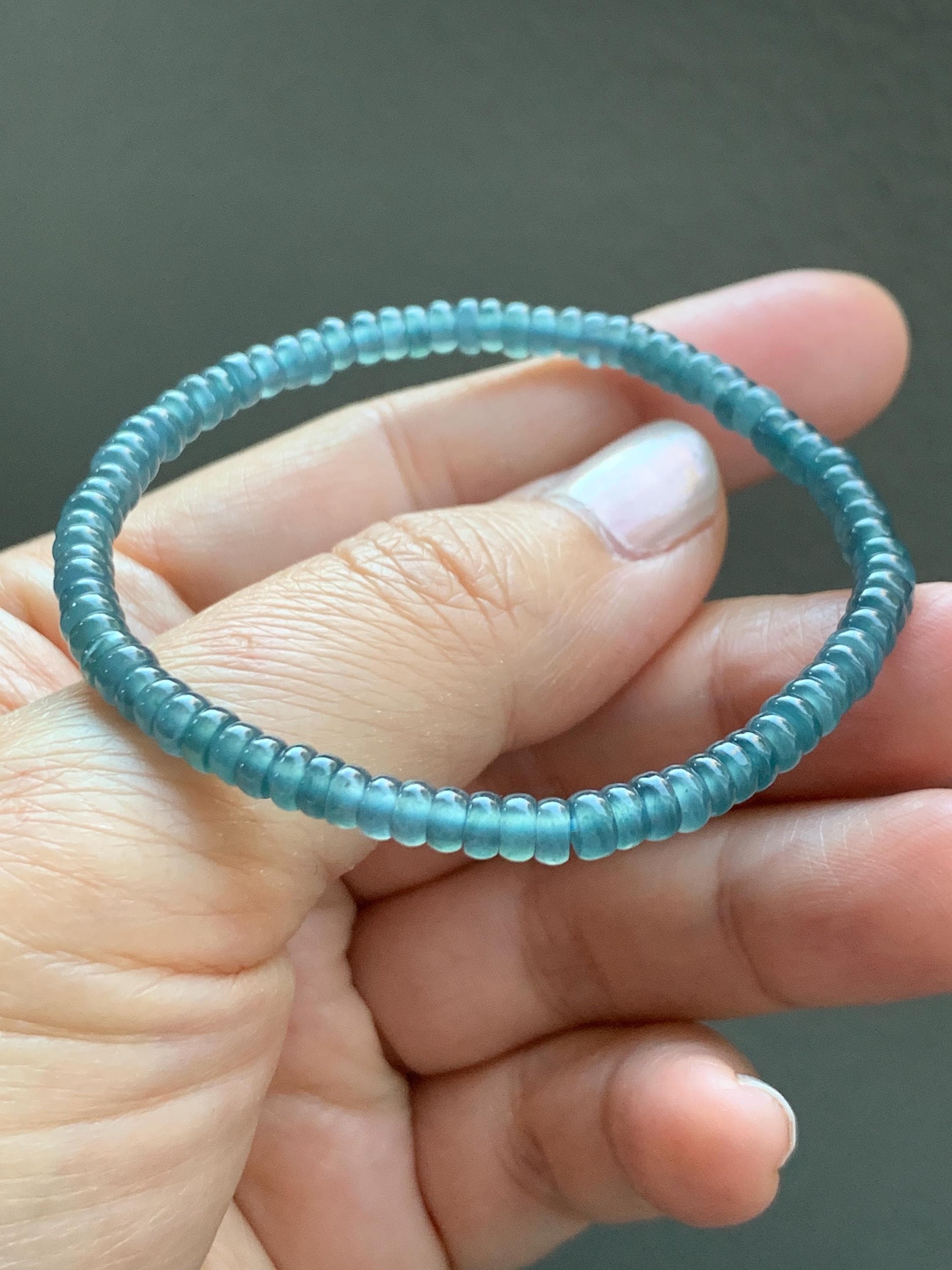 Natural Grade A Guatemalan Icy Highly Translucent Teal Blue Jade Jadeite Petite Flat Beads Beaded Bracelet 6.75” 5g 天然冰危篮翡翠小算盘珠手串 XWS136