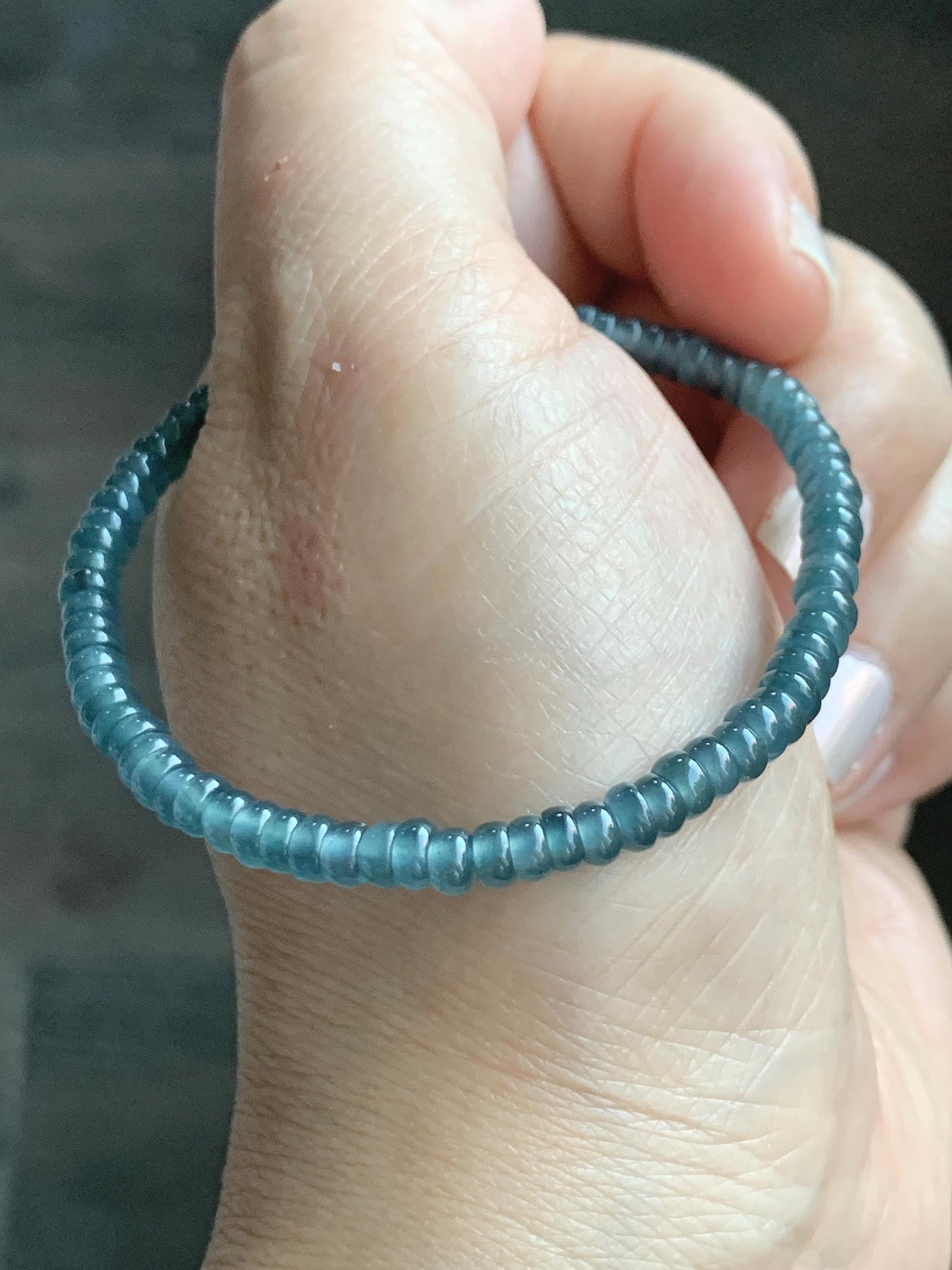 Natural Grade A Guatemalan Icy Highly Translucent Teal Blue Jade Jadeite Petite Flat Beads Beaded Bracelet 6.75” 5g 天然冰危篮翡翠小算盘珠手串 XWS136