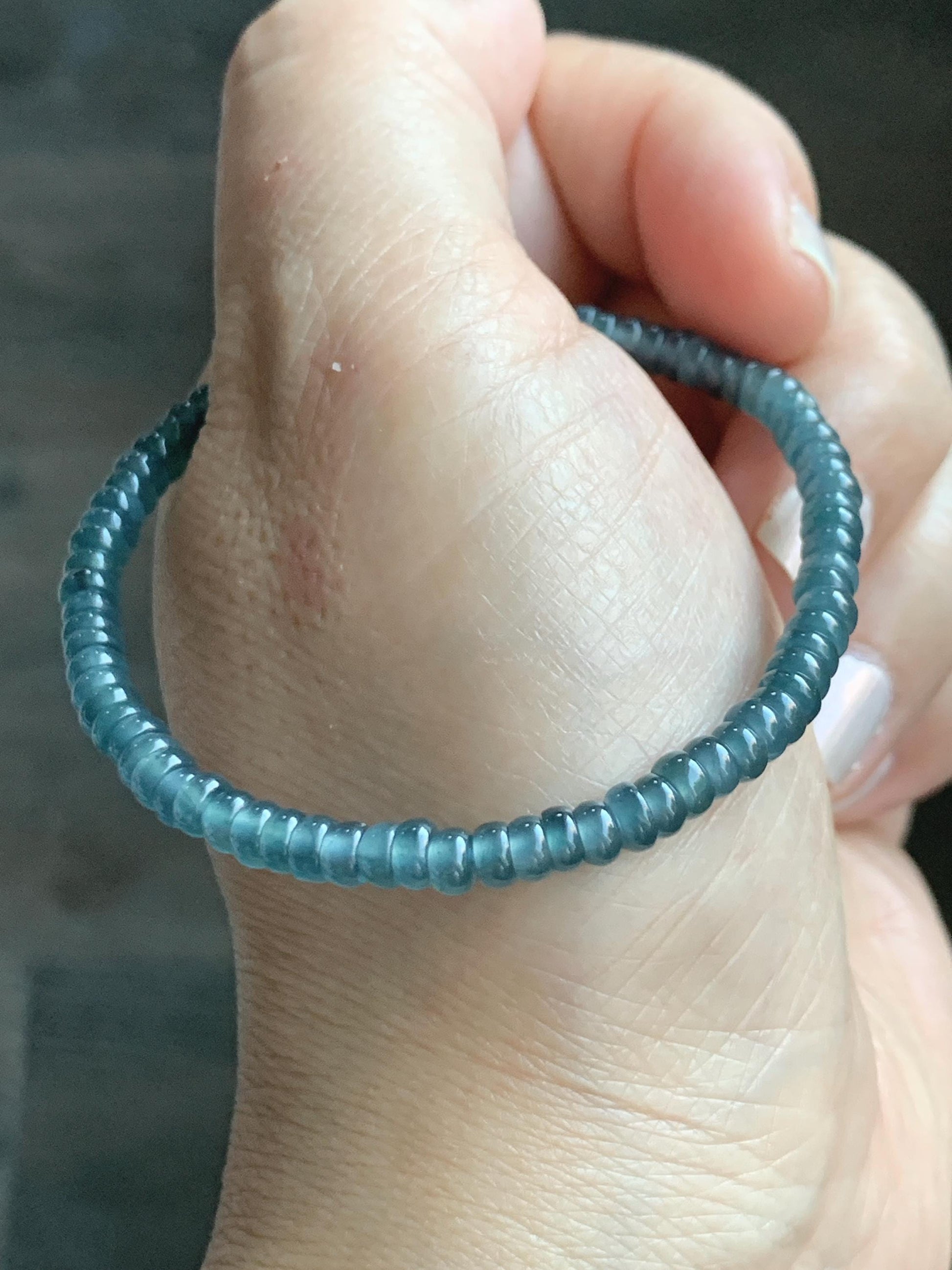 Natural Grade A Guatemalan Icy Highly Translucent Teal Blue Jade Jadeite Petite Flat Beads Beaded Bracelet 6.75” 5g 天然冰危篮翡翠小算盘珠手串 XWS136