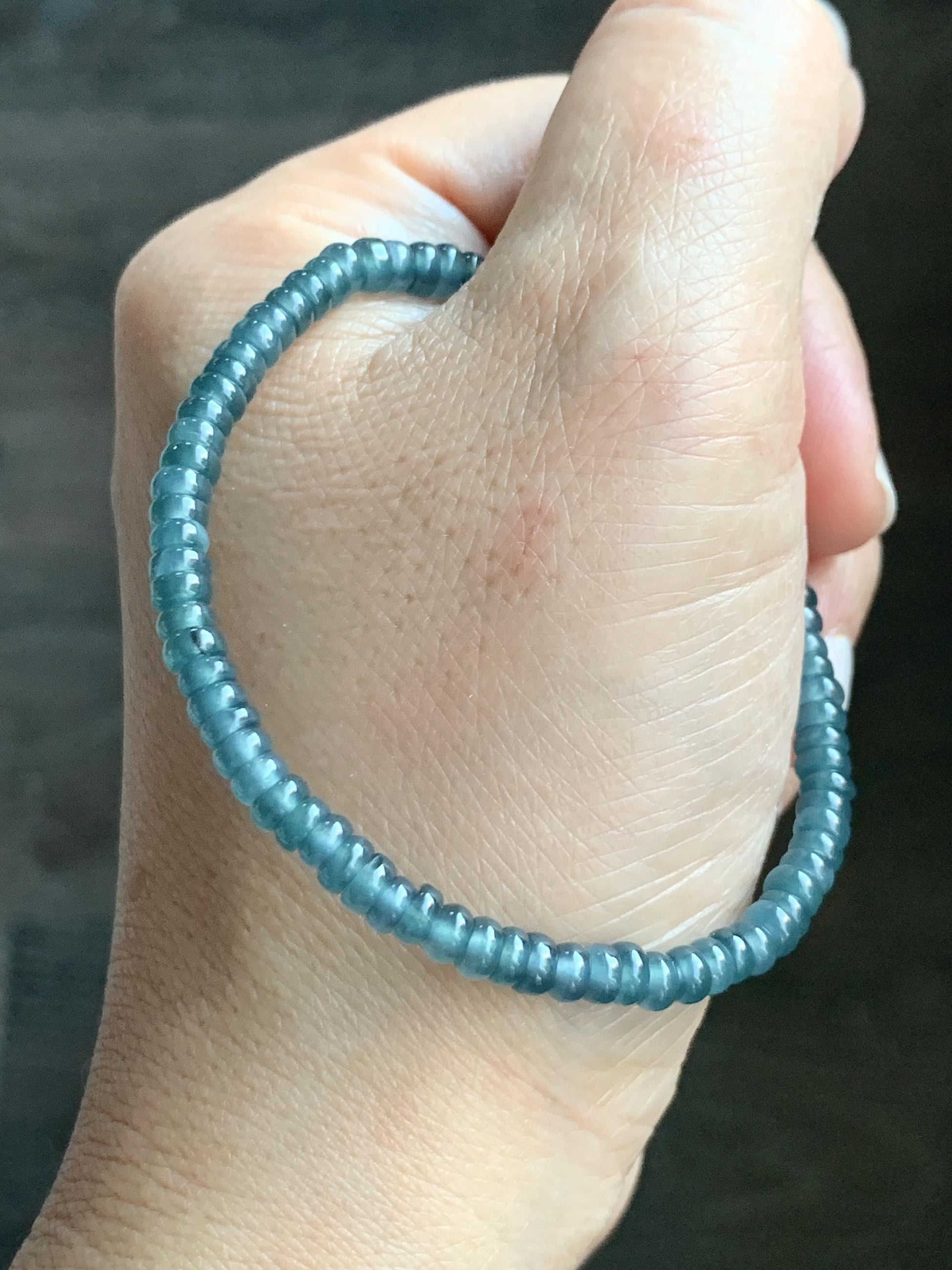 Natural Grade A Guatemalan Icy Highly Translucent Teal Blue Jade Jadeite Petite Flat Beads Beaded Bracelet 6.75” 5g 天然冰危篮翡翠小算盘珠手串 XWS136