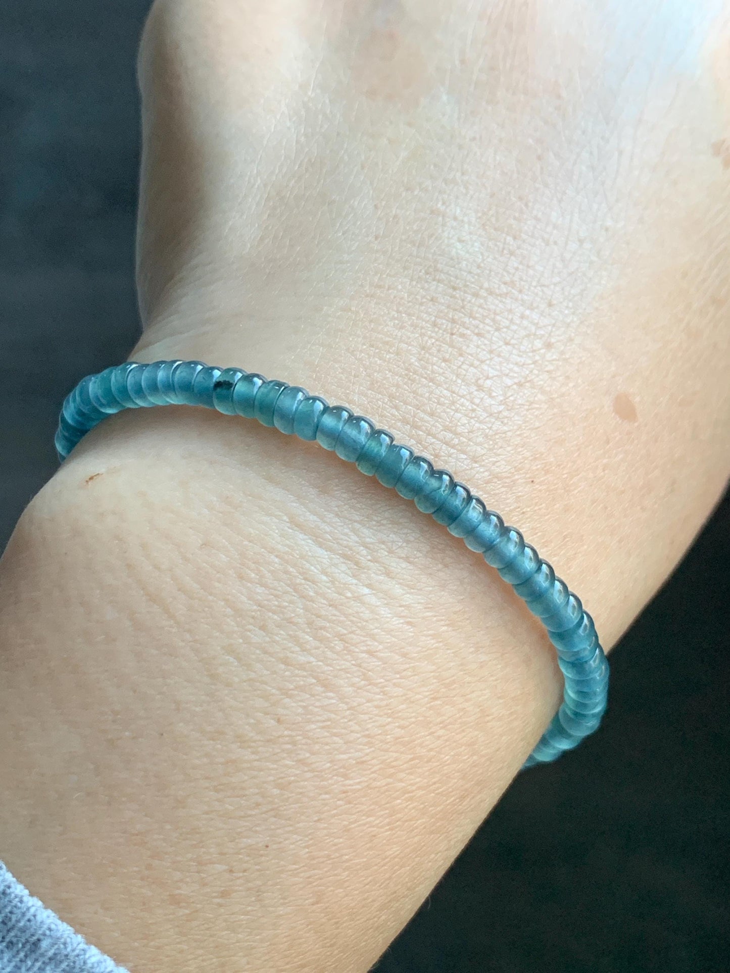 Natural Grade A Guatemalan Icy Highly Translucent Teal Blue Jade Jadeite Petite Flat Beads Beaded Bracelet 6.75” 5g 天然冰危篮翡翠小算盘珠手串 XWS136
