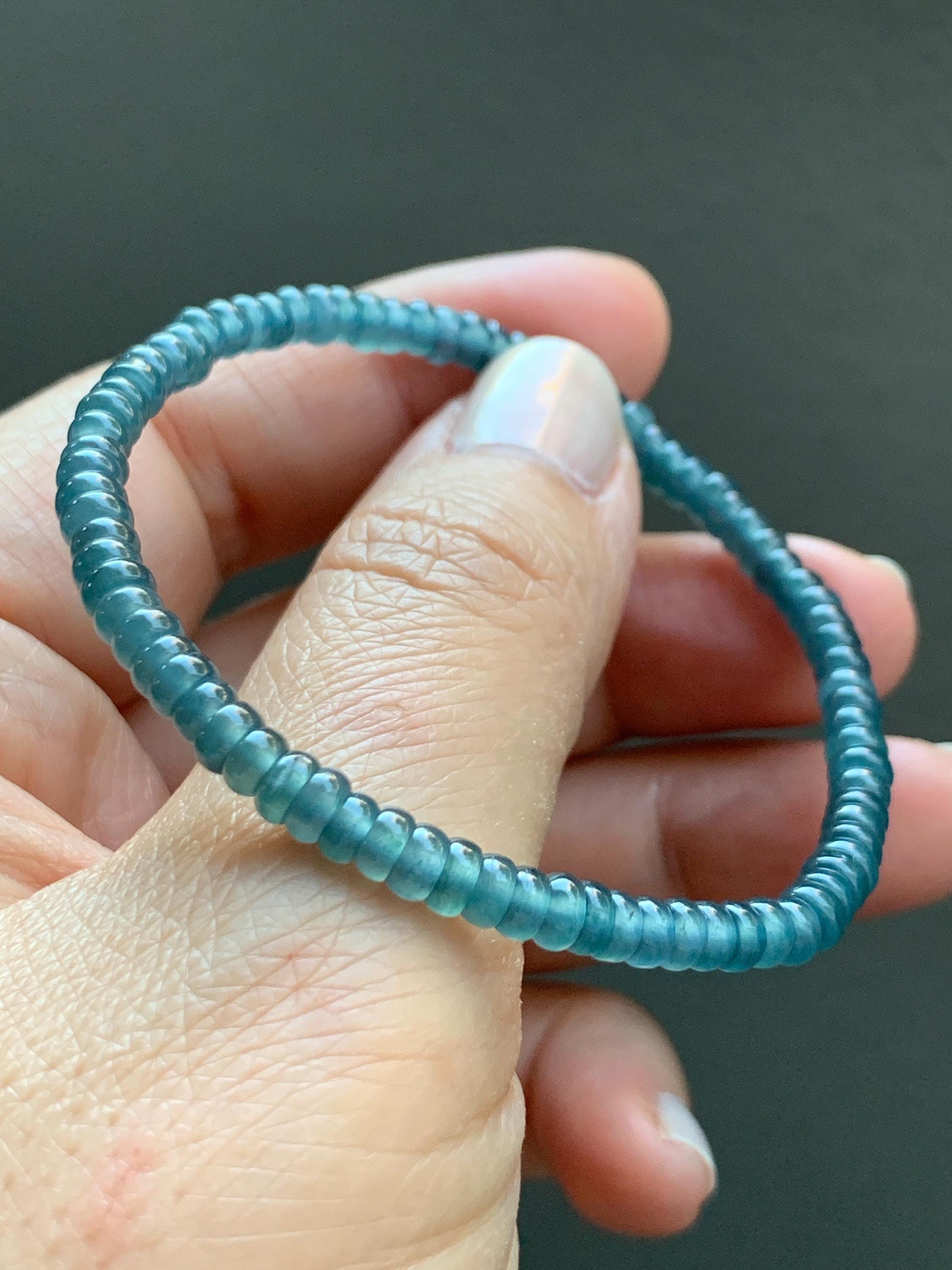 Natural Grade A Guatemalan Icy Highly Translucent Teal Blue Jade Jadeite Petite Flat Beads Beaded Bracelet 6.75” 5g 天然冰危篮翡翠小算盘珠手串 XWS136