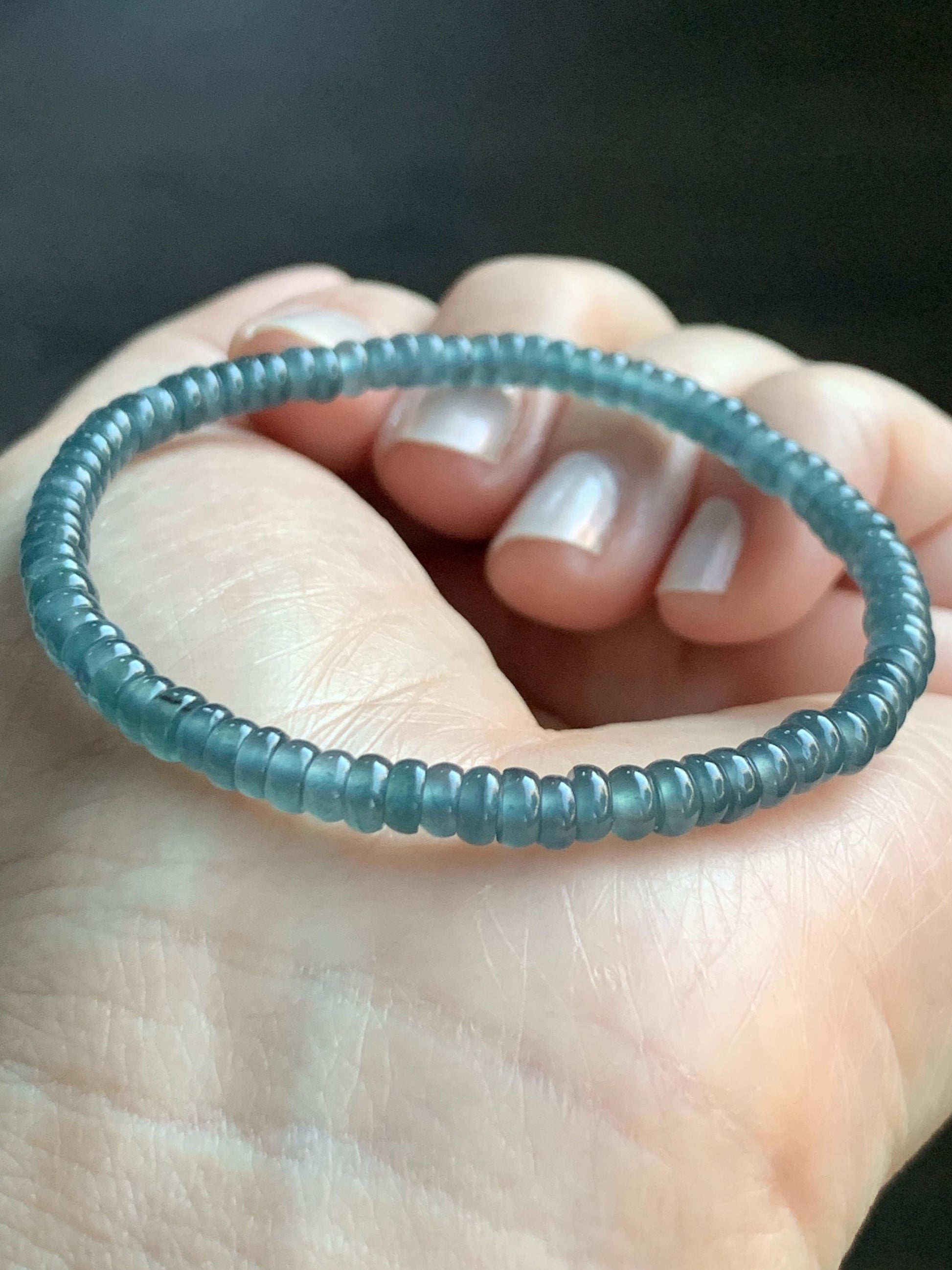 Natural Grade A Guatemalan Icy Highly Translucent Teal Blue Jade Jadeite Petite Flat Beads Beaded Bracelet 6.75” 5g 天然冰危篮翡翠小算盘珠手串 XWS136