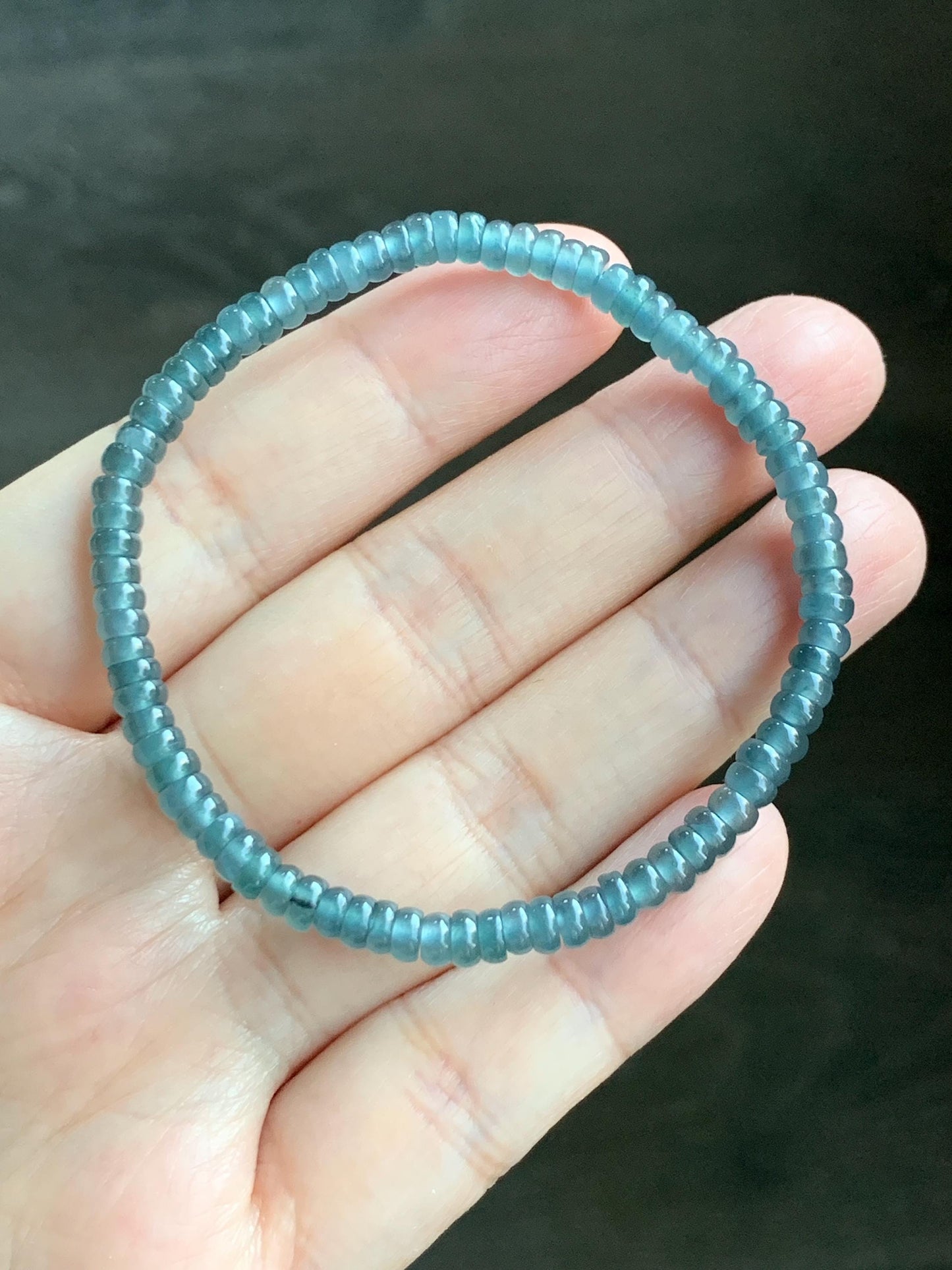Natural Grade A Guatemalan Icy Highly Translucent Teal Blue Jade Jadeite Petite Flat Beads Beaded Bracelet 6.75” 5g 天然冰危篮翡翠小算盘珠手串 XWS136