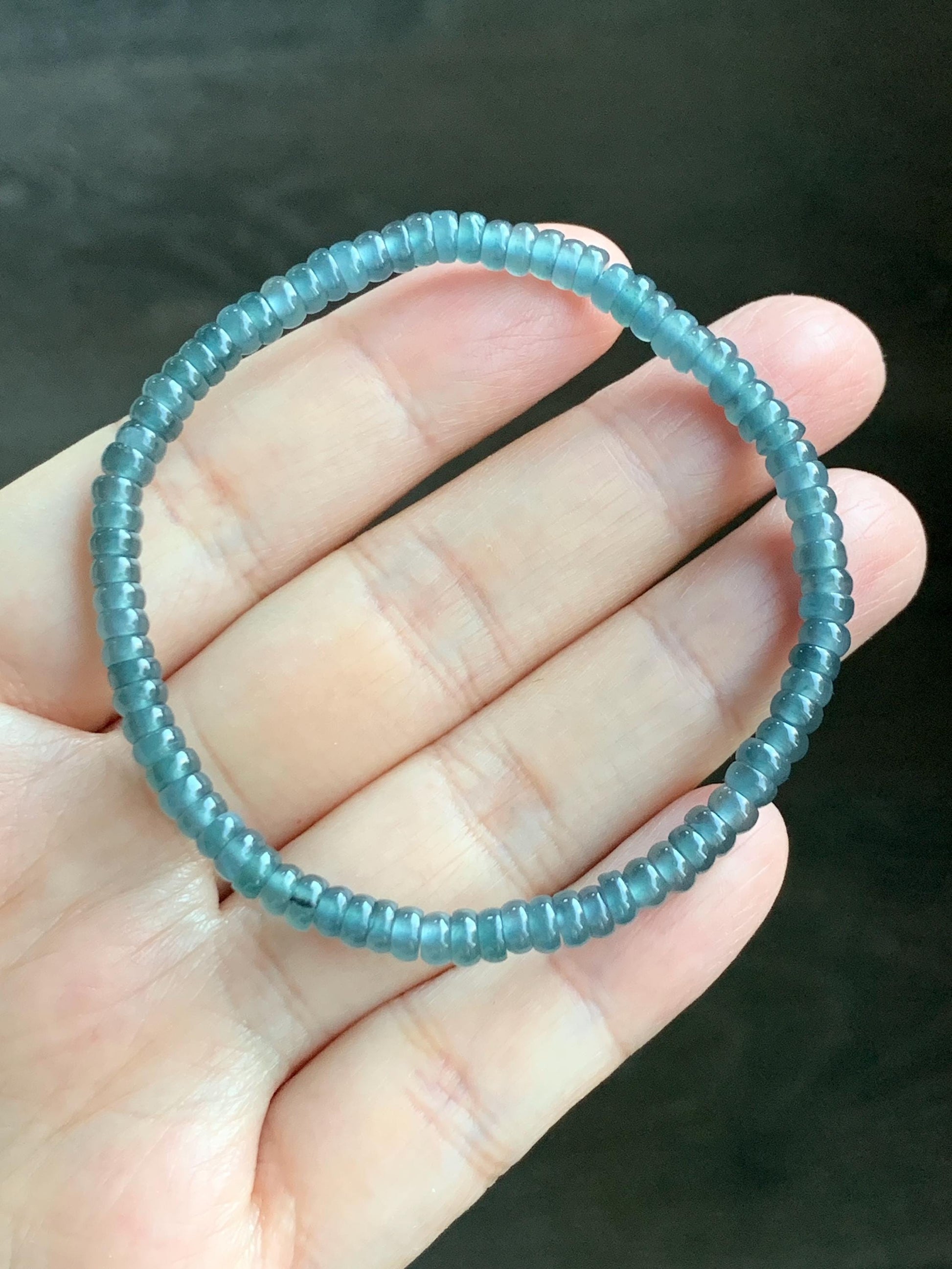 Natural Grade A Guatemalan Icy Highly Translucent Teal Blue Jade Jadeite Petite Flat Beads Beaded Bracelet 6.75” 5g 天然冰危篮翡翠小算盘珠手串 XWS136