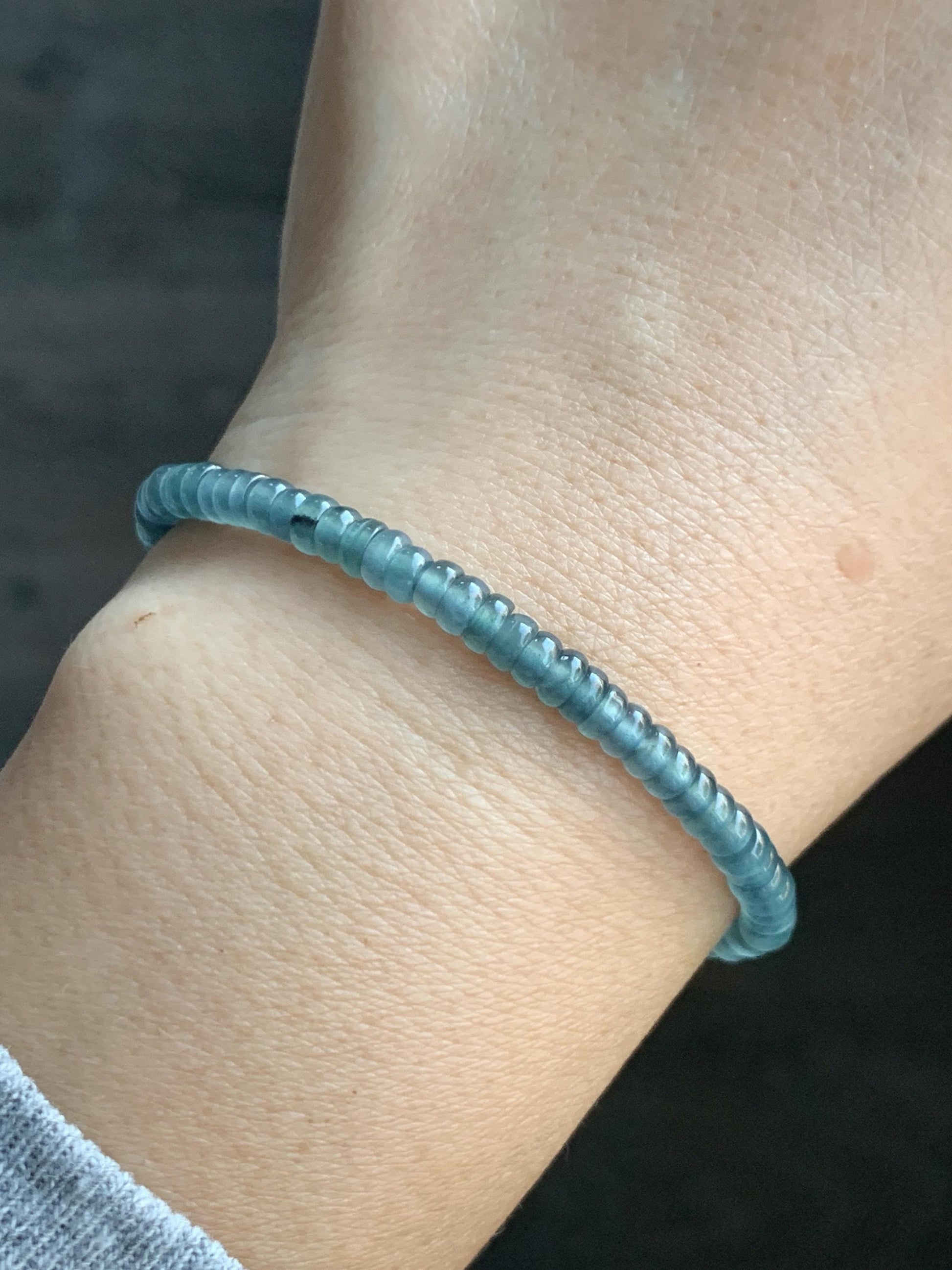 Natural Grade A Guatemalan Icy Highly Translucent Teal Blue Jade Jadeite Petite Flat Beads Beaded Bracelet 6.75” 5g 天然冰危篮翡翠小算盘珠手串 XWS136