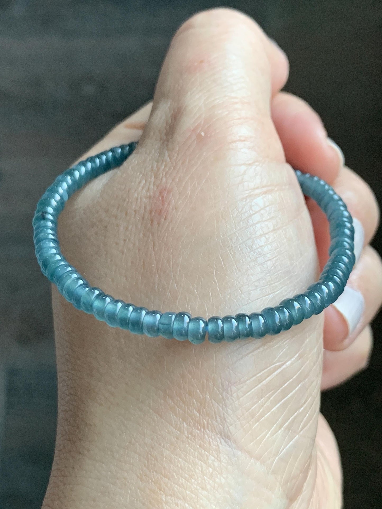 Natural Grade A Guatemalan Icy Highly Translucent Teal Blue Jade Jadeite Petite Flat Beads Beaded Bracelet 6.75” 5g 天然冰危篮翡翠小算盘珠手串 XWS136