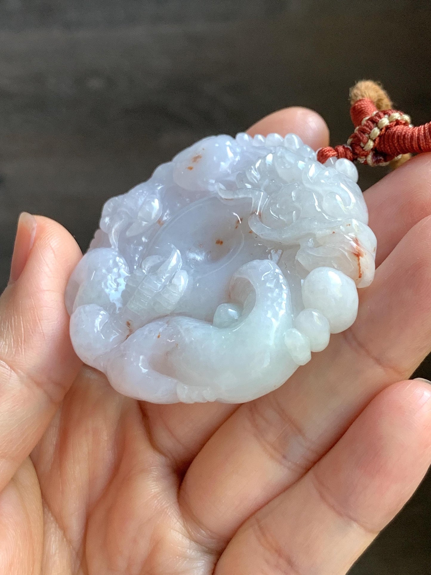 Natural Grade A Icy Translucent Pastel Purple Red Marbled Jadeite Carved Dragon Ping An Kou Donut Pendant Necklace 天然冰紫底撒金翡翠盘龙平安扣吊坠SML306