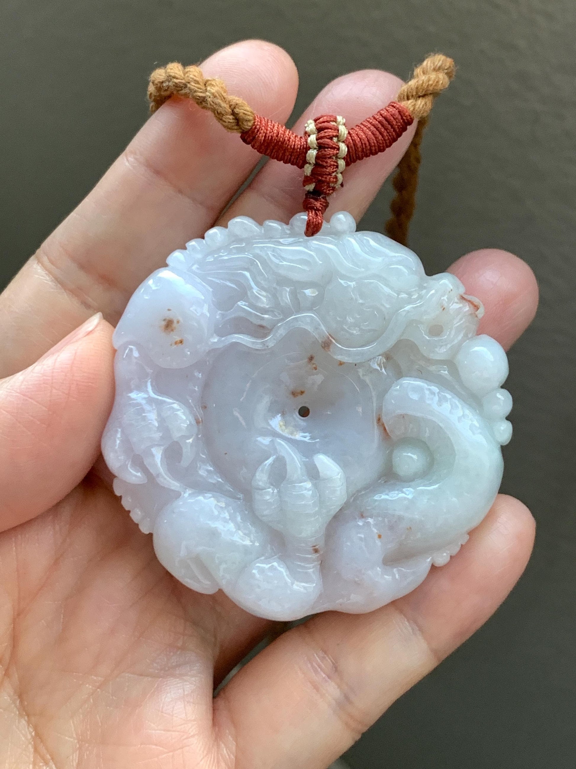 Natural Grade A Icy Translucent Pastel Purple Red Marbled Jadeite Carved Dragon Ping An Kou Donut Pendant Necklace 天然冰紫底撒金翡翠盘龙平安扣吊坠SML306