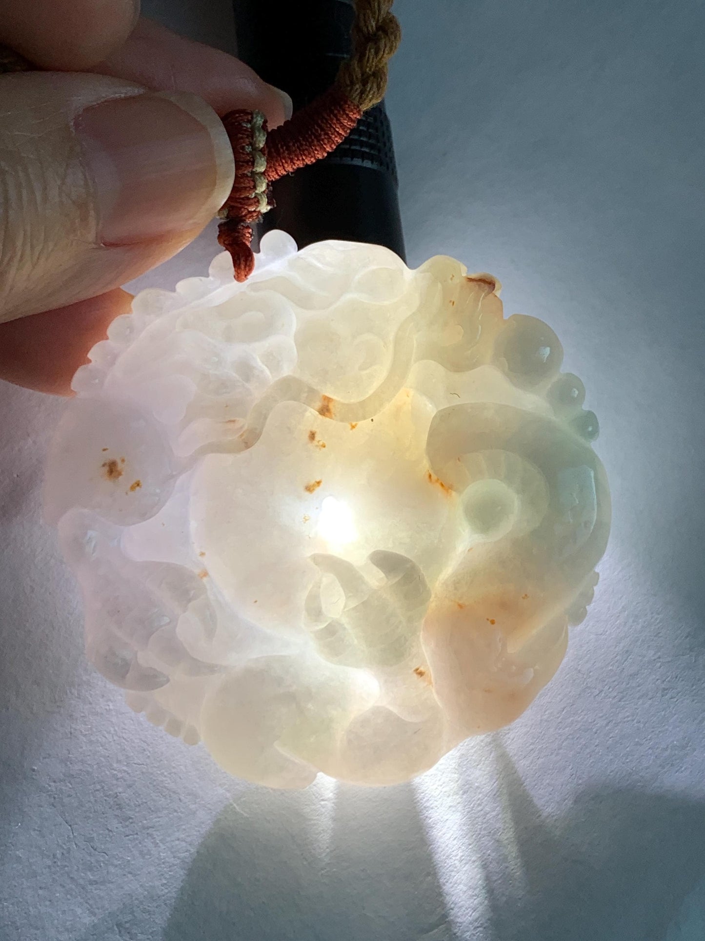Natural Grade A Icy Translucent Pastel Purple Red Marbled Jadeite Carved Dragon Ping An Kou Donut Pendant Necklace 天然冰紫底撒金翡翠盘龙平安扣吊坠SML306