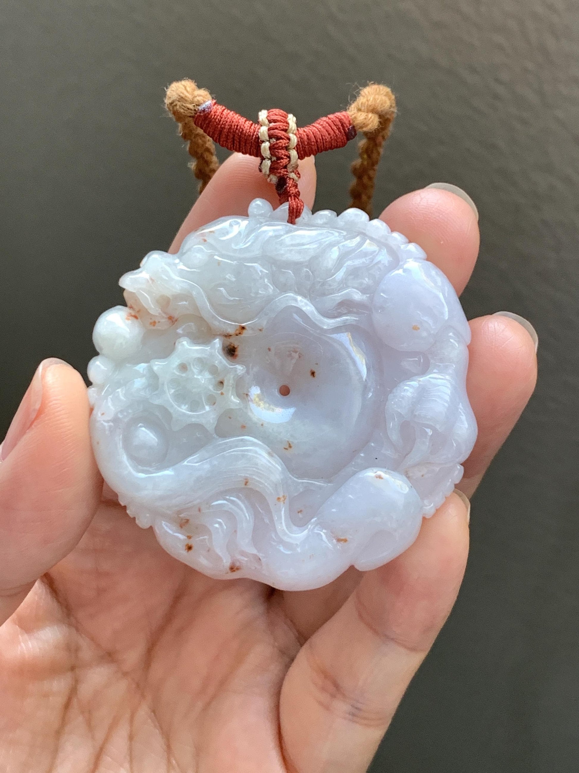 Natural Grade A Icy Translucent Pastel Purple Red Marbled Jadeite Carved Dragon Ping An Kou Donut Pendant Necklace 天然冰紫底撒金翡翠盘龙平安扣吊坠SML306
