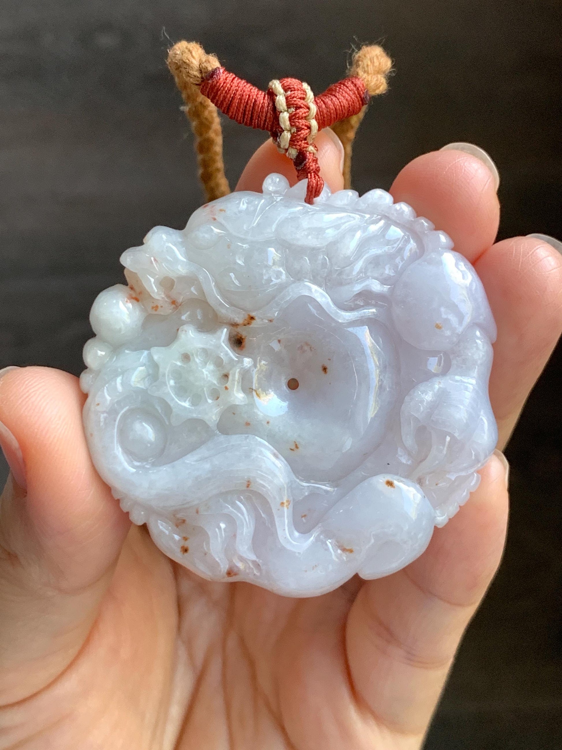 Natural Grade A Icy Translucent Pastel Purple Red Marbled Jadeite Carved Dragon Ping An Kou Donut Pendant Necklace 天然冰紫底撒金翡翠盘龙平安扣吊坠SML306