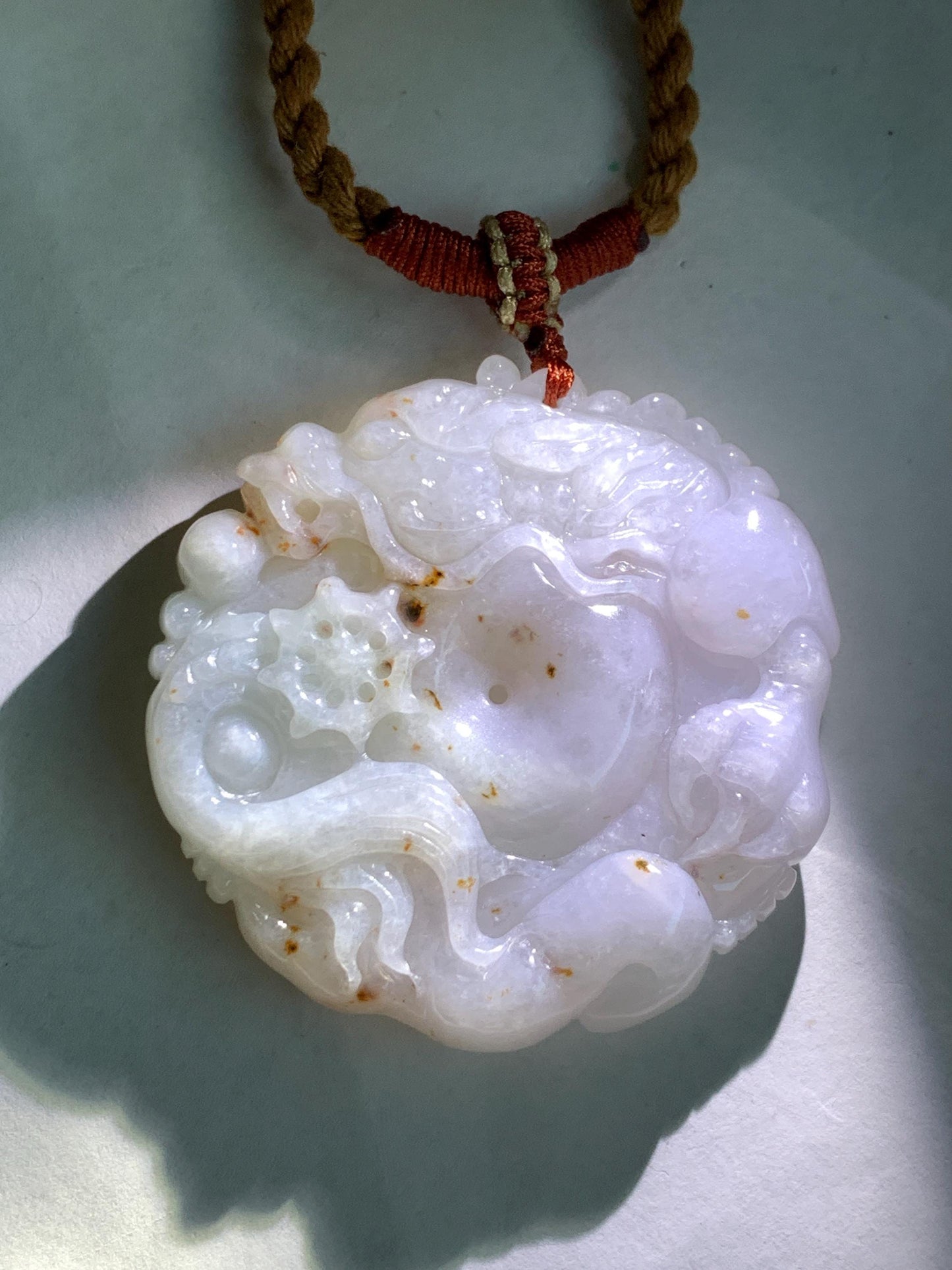 Natural Grade A Icy Translucent Pastel Purple Red Marbled Jadeite Carved Dragon Ping An Kou Donut Pendant Necklace 天然冰紫底撒金翡翠盘龙平安扣吊坠SML306