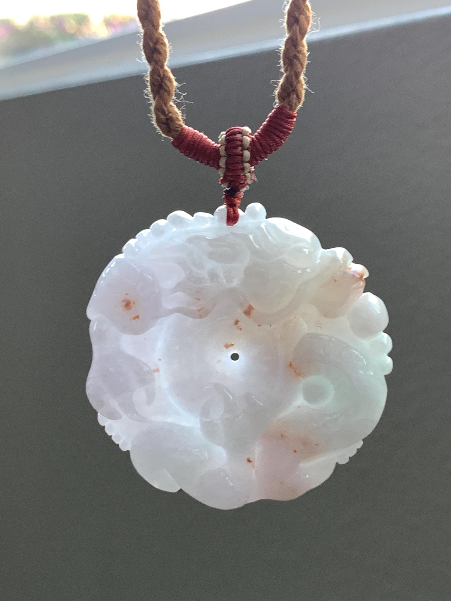 Natural Grade A Icy Translucent Pastel Purple Red Marbled Jadeite Carved Dragon Ping An Kou Donut Pendant Necklace 天然冰紫底撒金翡翠盘龙平安扣吊坠SML306