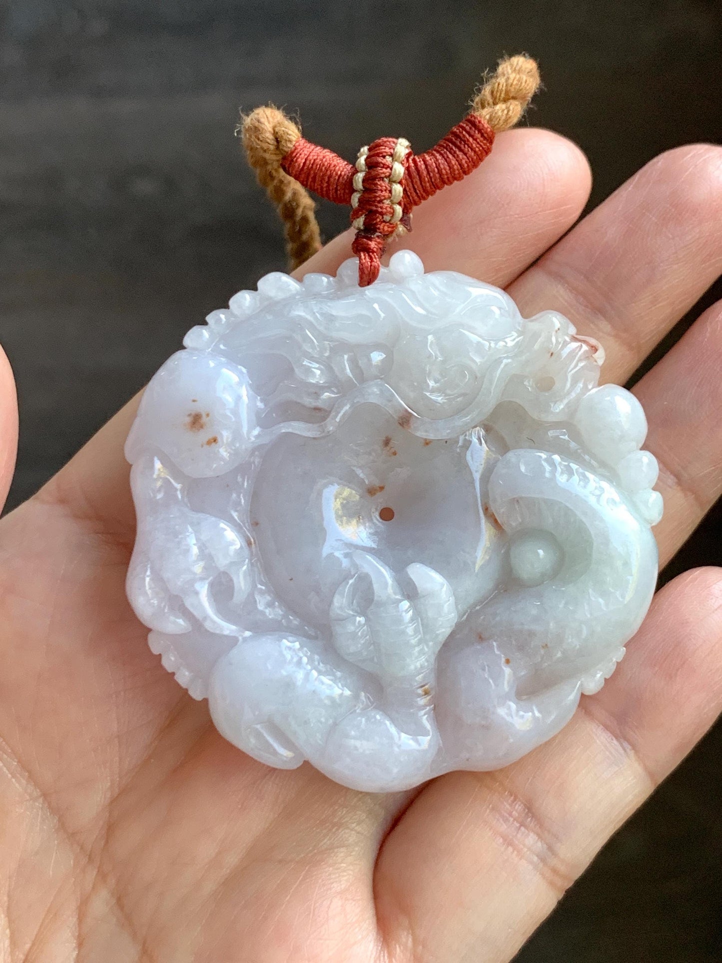 Natural Grade A Icy Translucent Pastel Purple Red Marbled Jadeite Carved Dragon Ping An Kou Donut Pendant Necklace 天然冰紫底撒金翡翠盘龙平安扣吊坠SML306