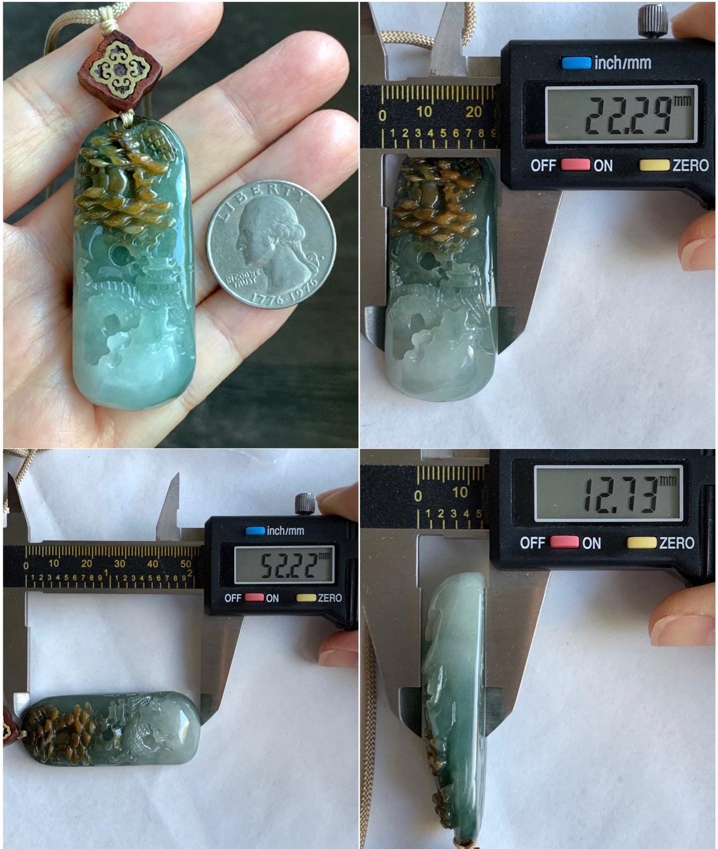 Natural Grade A Icy Translucent White Green Golden Brown Marbled Tricolored Jadeite Shan Shui Pendant Rope Necklace 天然冰三彩翡翠山水大吊坠 MSC210