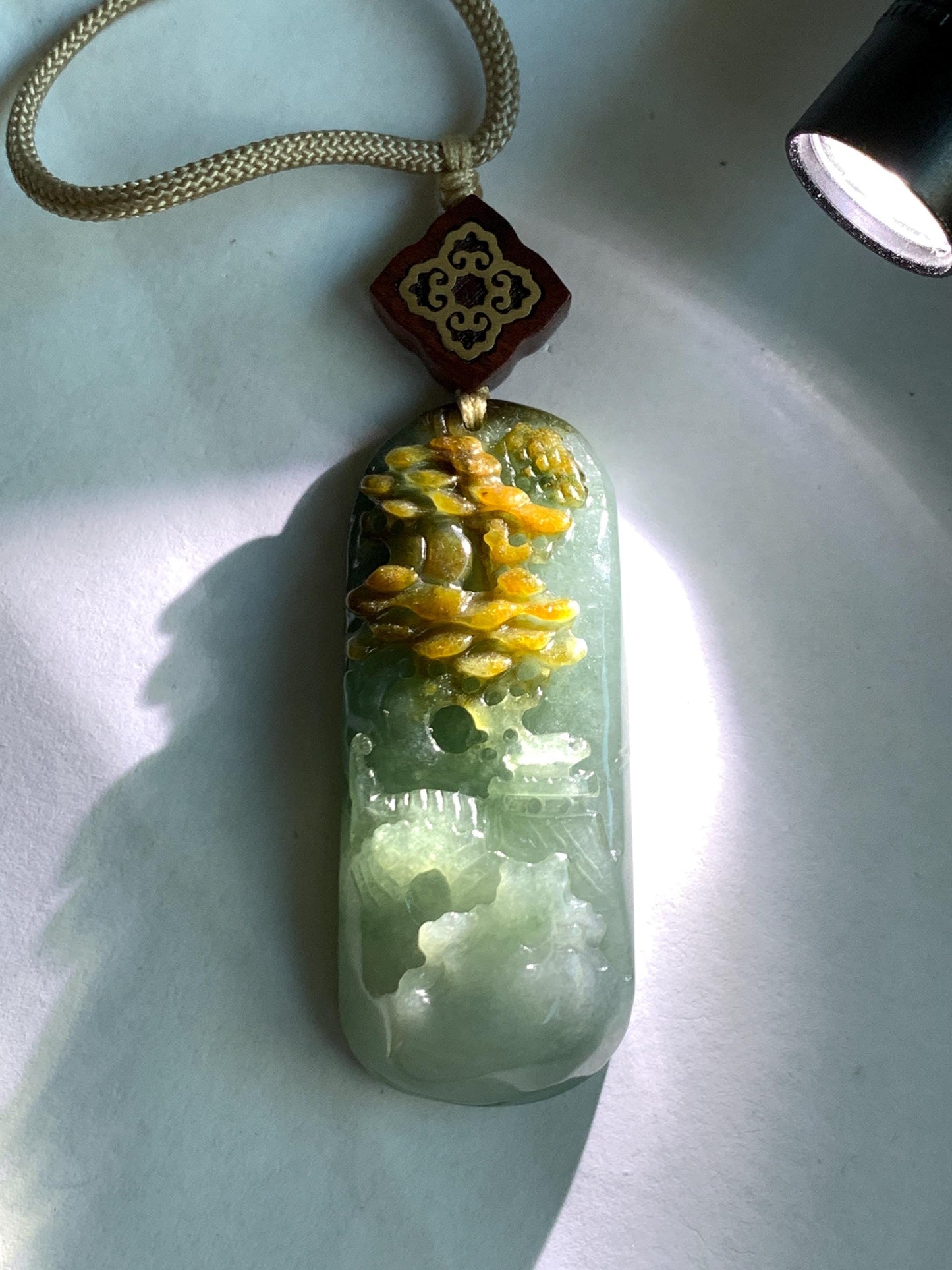 Natural Grade A Icy Translucent White Green Golden Brown Marbled Tricolored Jadeite Shan Shui Pendant Rope Necklace 天然冰三彩翡翠山水大吊坠 MSC210